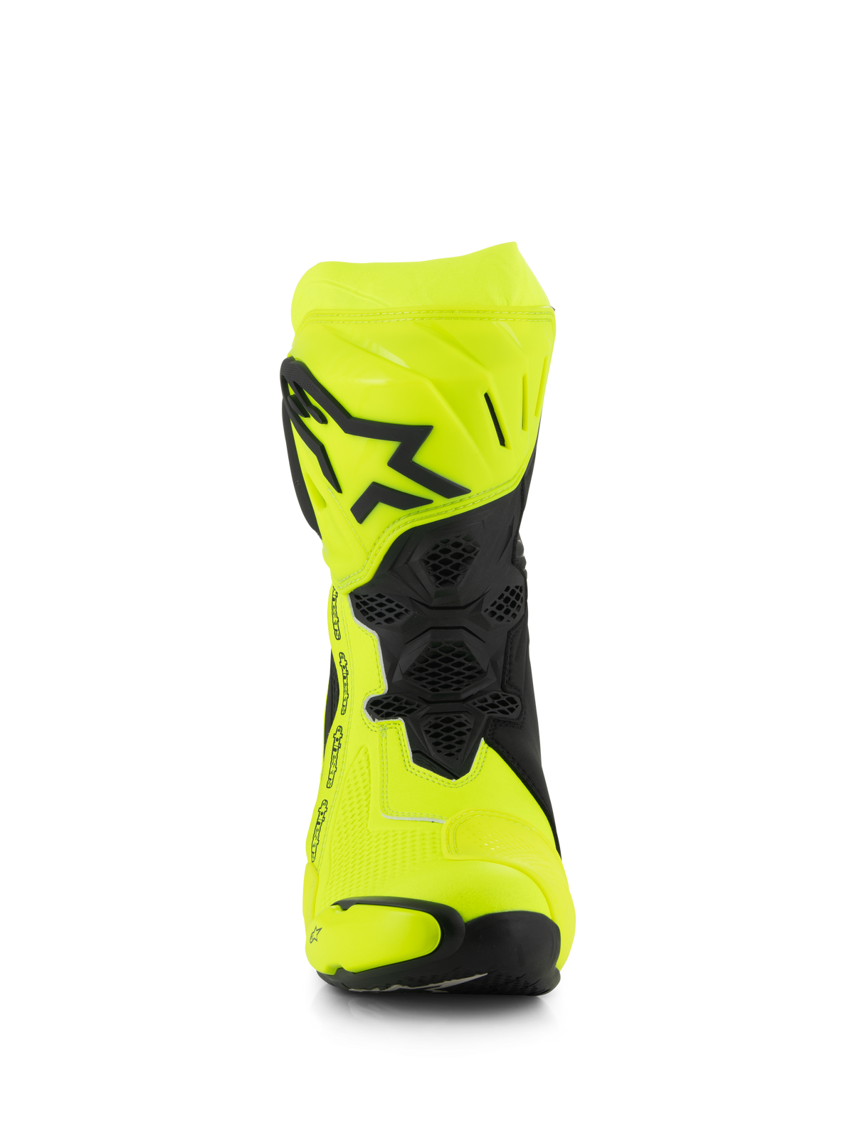Alpinestars Supertech R Boots, Motorcycle Racing Boots, Yellow Fluo and Black, front view showing the black star logo on the shin plate, honeycomb-textured flex areas, and streamlined design for high-performance racing.