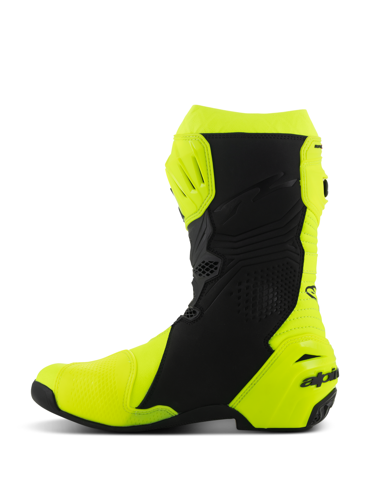 Alpinestars Supertech R Boots, Motorcycle Racing Boots, Yellow Fluo and Black, side profile featuring reinforced shin and heel protection, sleek ergonomic design with perforated panels and branding on the heel.