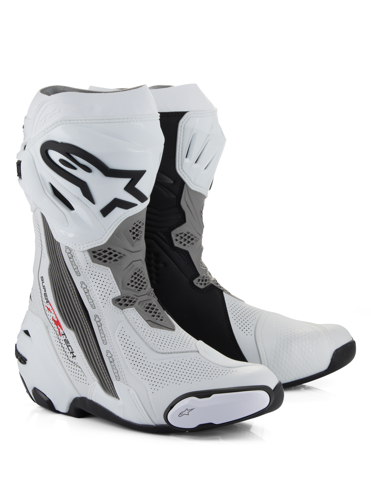 Alpinestars Supertech R Vented støvler, racerstøvler til motorcykel, hvid, mellemgrå og sort, med perforeret mikrofiberkonstruktion for luftgennemstrømning, TPU-skinneplade med Alpinestars-logo og udskiftelige sliders, professionelt baneklar design