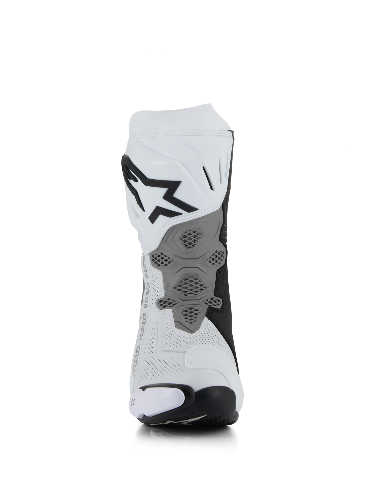 Alpinestars Supertech R Vented Boots, Hvid Mellemgrå Sort, set bagfra med perforeret mikrofiberkonstruktion, redesignet grå hælplade med honeycomb-tekstur, markant sort logo på den øvre læg, professionelt fodtøj til racing og sportsmotorcykler