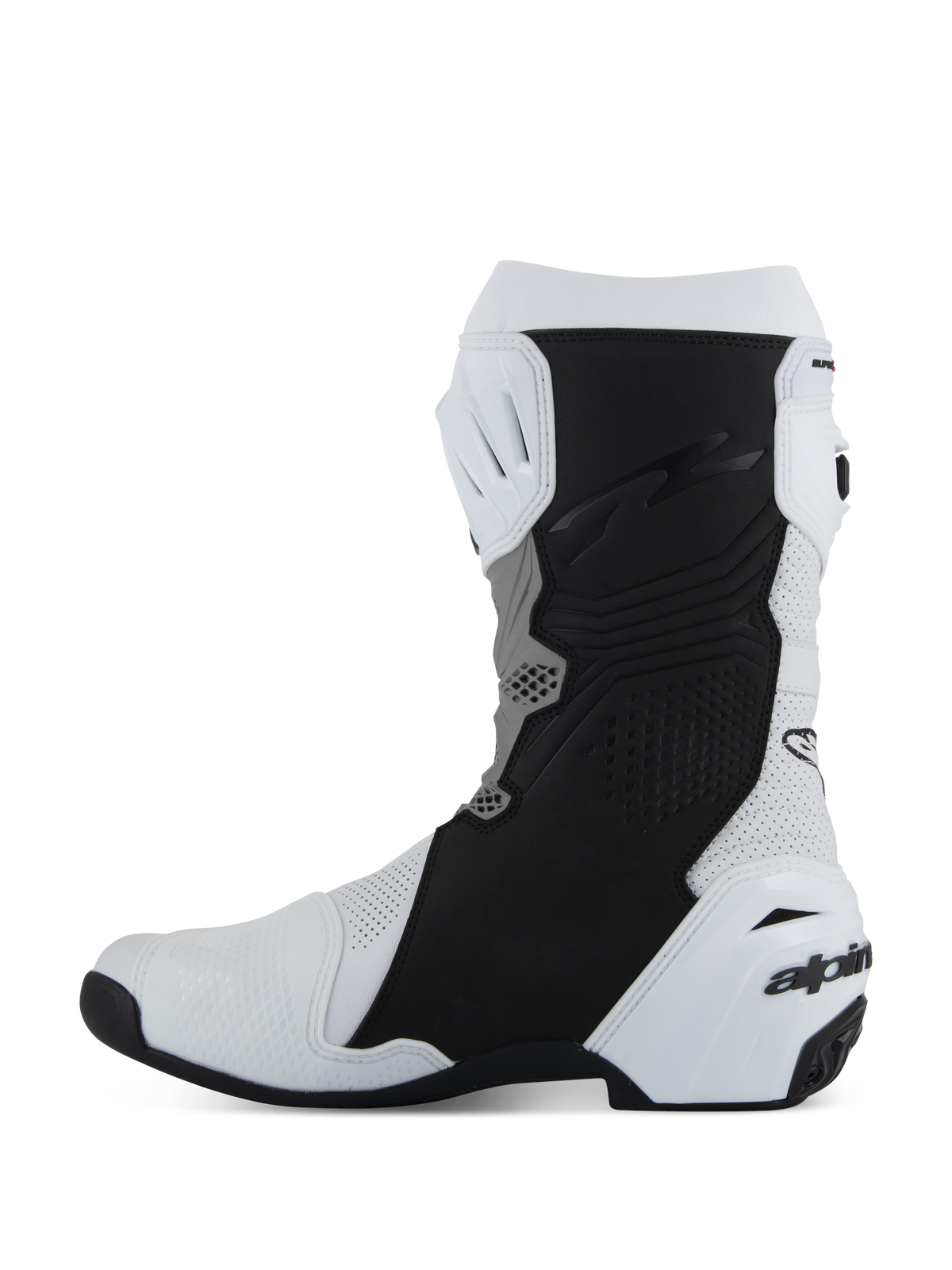 Alpinestars Supertech R Vented støvler, racing- og sportsmotorcykelstøvler, hvid, mellemgrå og sort, sideprofilvisning af den mediale side med perforeret mikrofiber for luftgennemstrømning, sorte beskyttende gribepaneler og hvid TPU-hælkappe med branding.