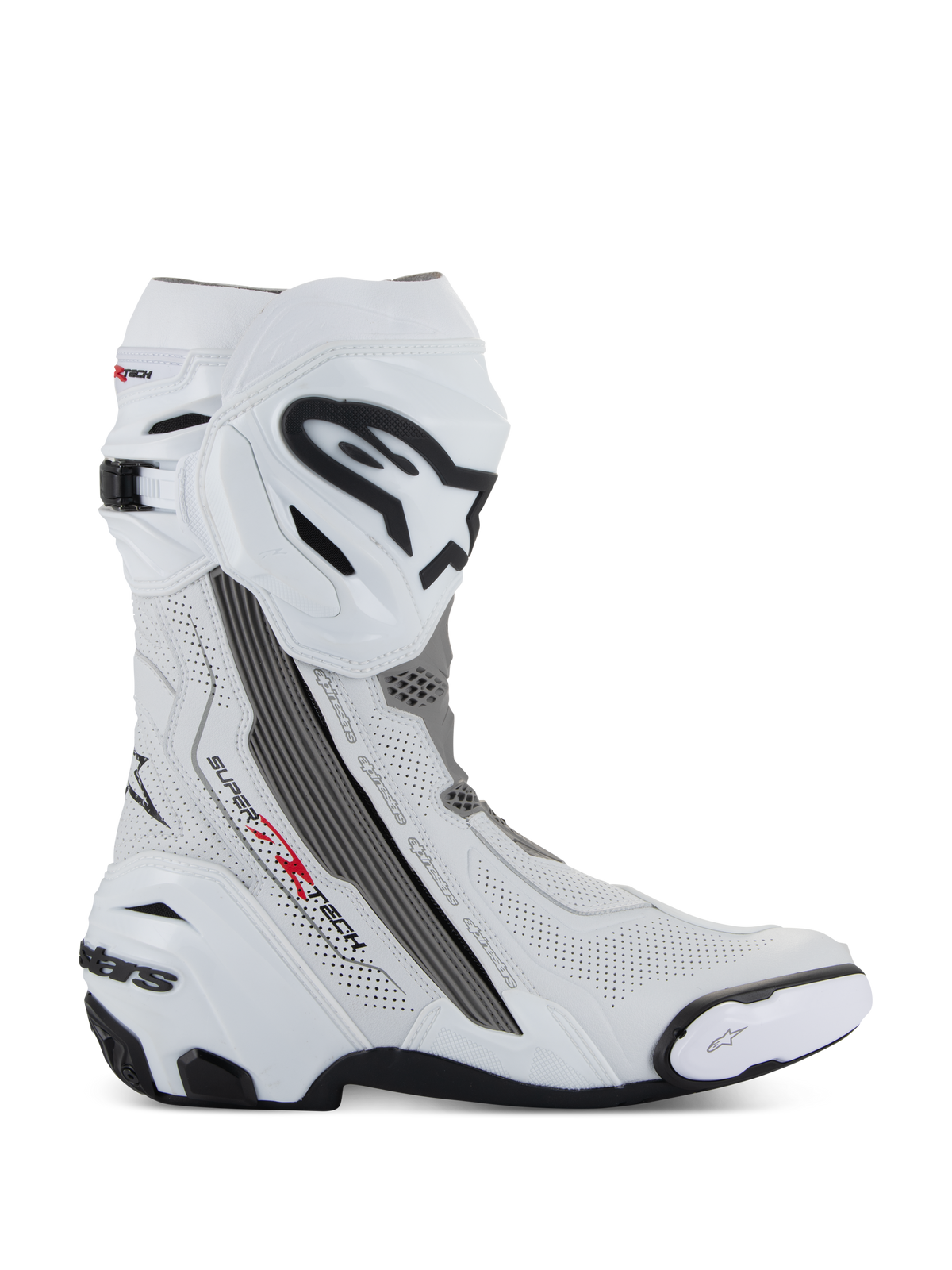 Alpinestars Supertech R Vented støvler, motorcykelracingstøvler, hvid med mellemgrå og sorte detaljer, sideprofil med perforerede mikrofiberpaneler for luftgennemstrømning, stort sort og hvidt Alpinestars-logo på skinnebenet, aerodynamisk design med udskiftelige slidere og sort gummisål