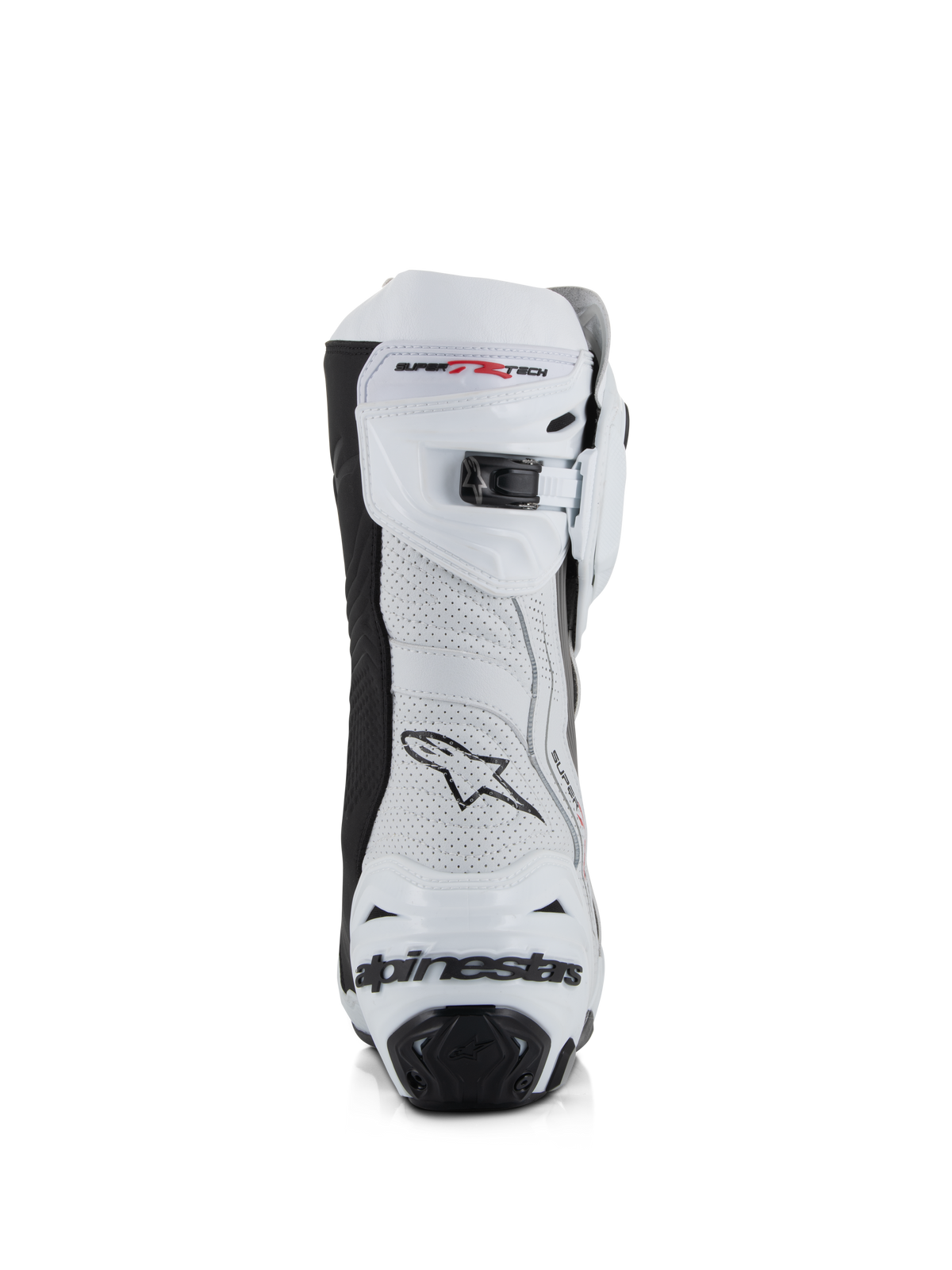 Alpinestars Supertech R Vented-støvler, hvid, mellemgrå og sort, set bagfra med perforeret mikrofiber-overdel, mikrojusterbar skraldelukning øverst og integreret hælbeskyttelse med Alpinestars-logo.