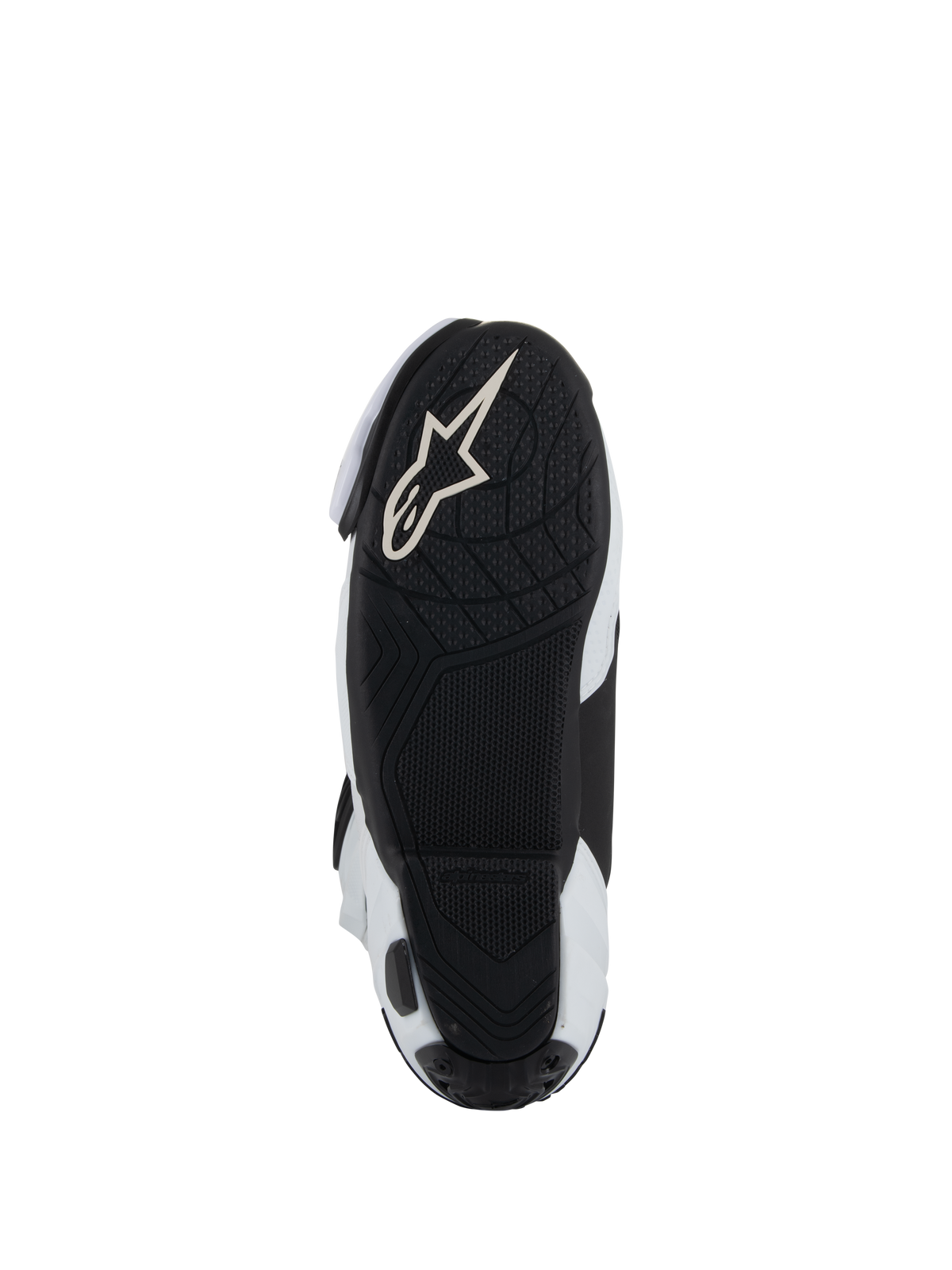 Sål på Alpinestars Supertech R Vented støvler, sort letvægts gummiydersål med tekstureret mønster for greb på fodstøtterne, hvidt Alpinestars Astar-logo, hvid og sort farvekombination