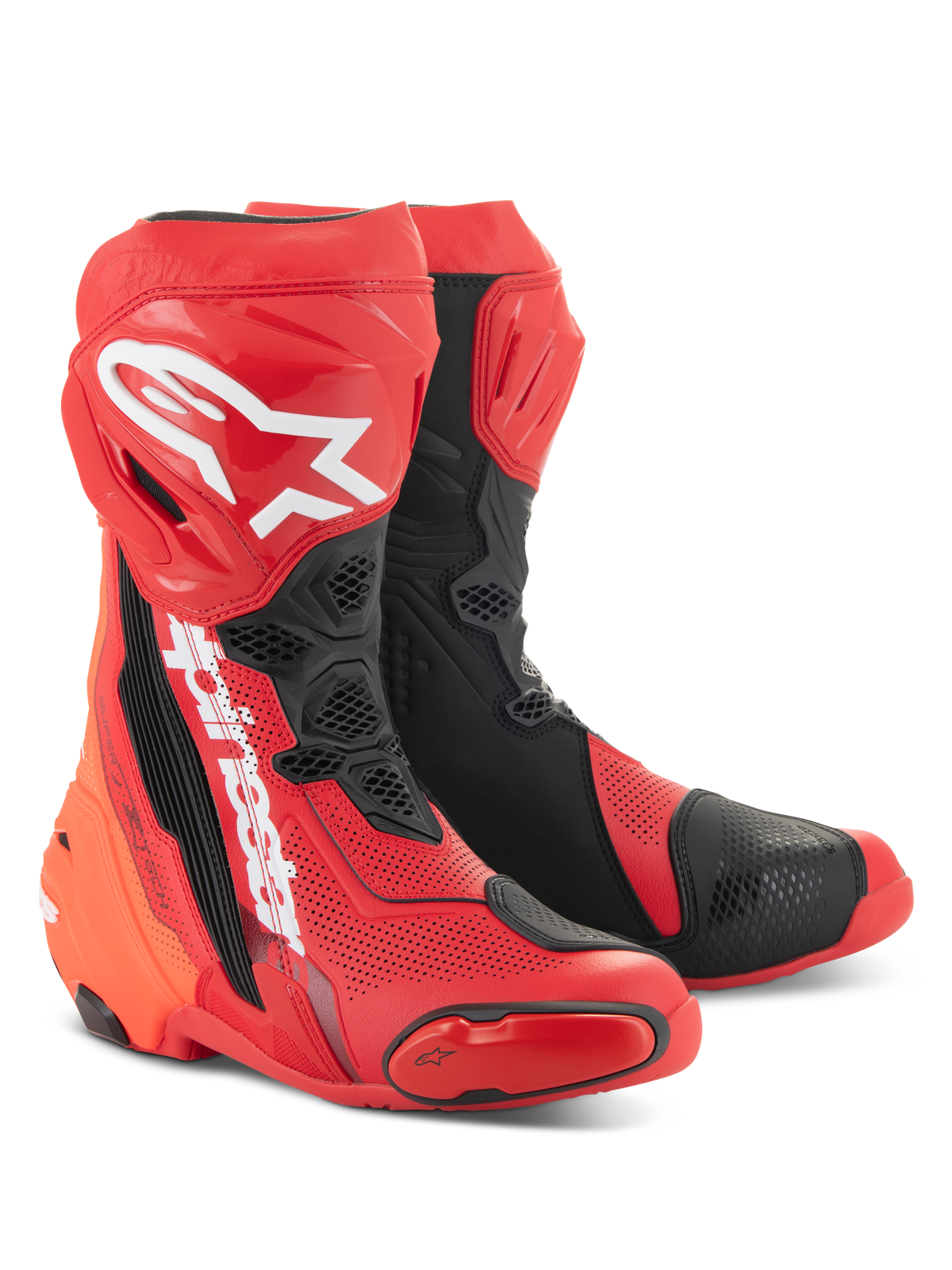 Alpinestars Supertech R Vented Boots, Bright Red and Black, high-performance racing motorcycle boots featuring extensive perforations, white A-star logo on the shin, and durable TPU protective panels