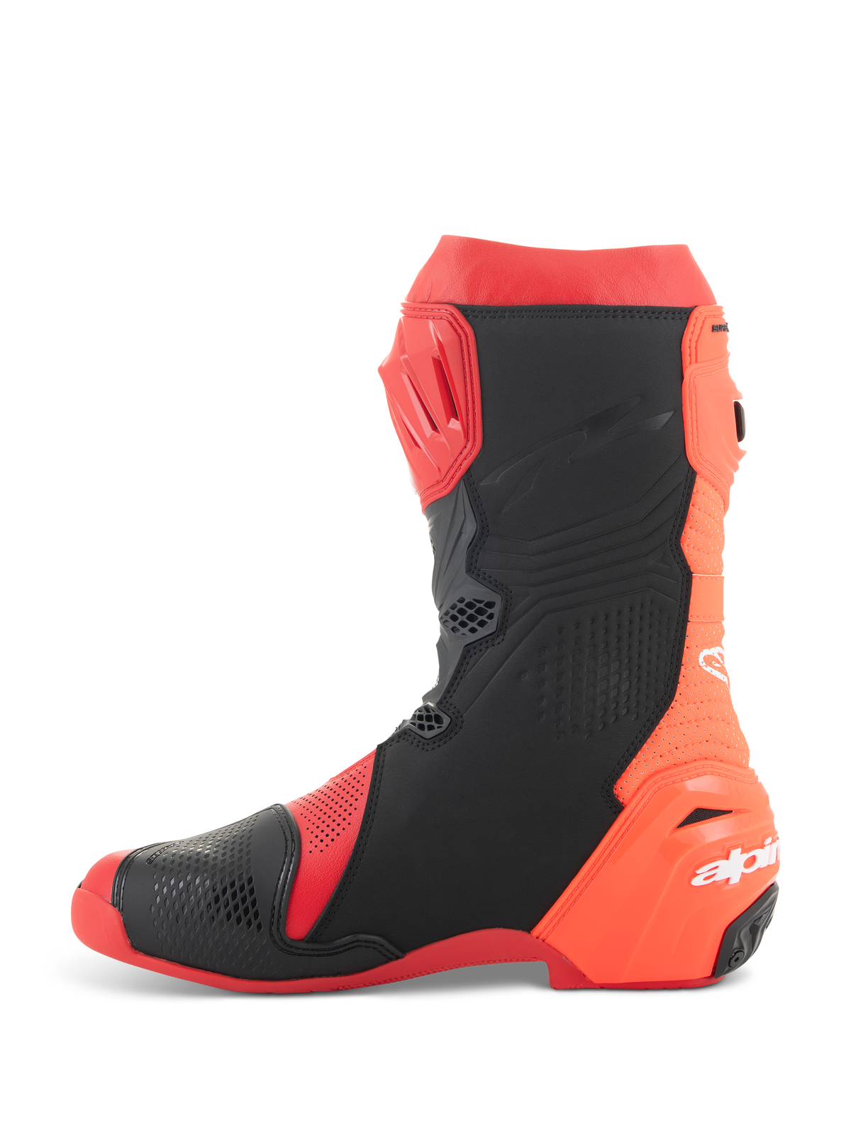 Alpinestars Supertech R Vented Boots, Racing Motorcycle Boots, Bright Red and Red Fluo with black accents, side view featuring extensive perforations for maximum airflow and TPU protection panels.