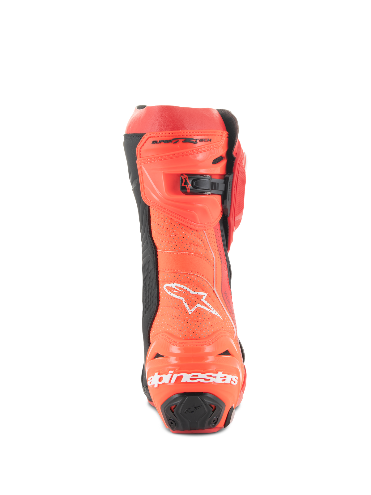Alpinestars Supertech R Vented Boots, Racing Motorcycle Boots, Bright Red and Red Fluo, rear view featuring perforated construction for ventilation, TPU heel protectors, and white Alpinestars logo branding