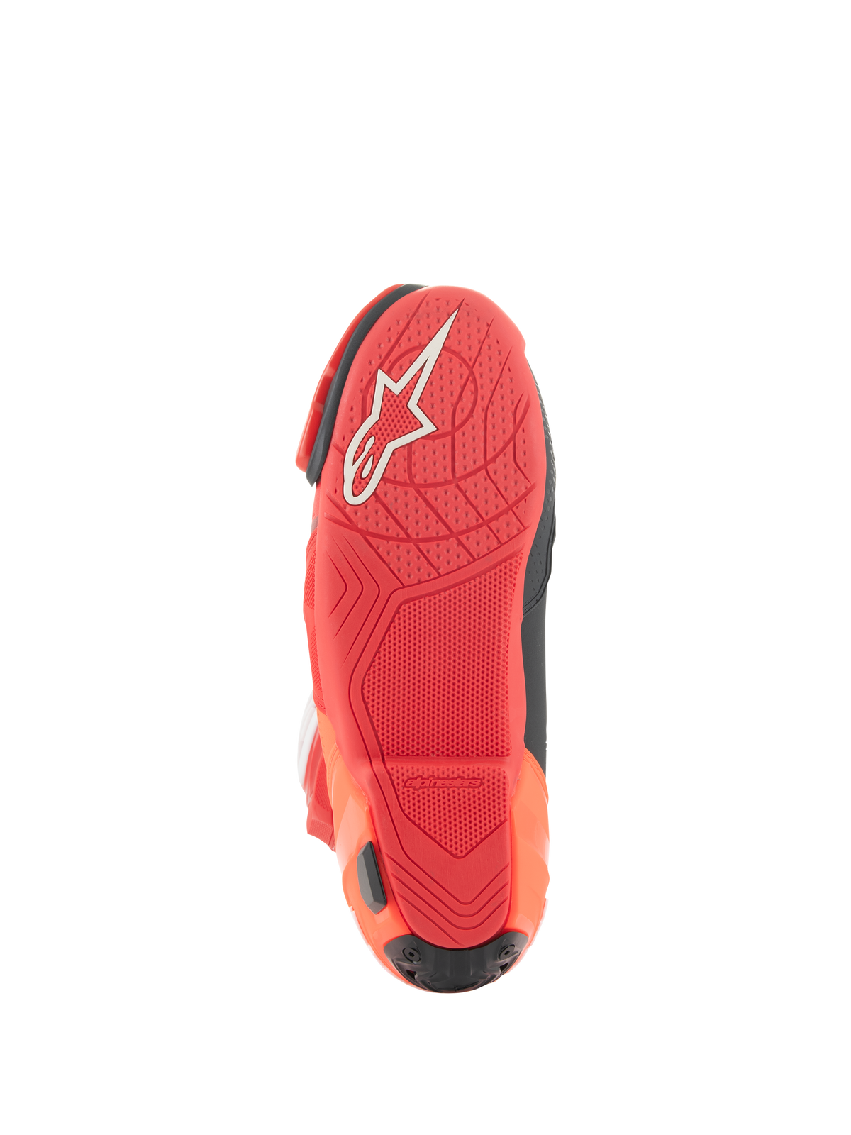 Alpinestars Supertech R Vented Boots, Racing Boots, Bright Red and Red Fluo, Sole view featuring lightweight rubber compound, white Alpinestars logo, and textured grip pattern for motorcycle pegs.