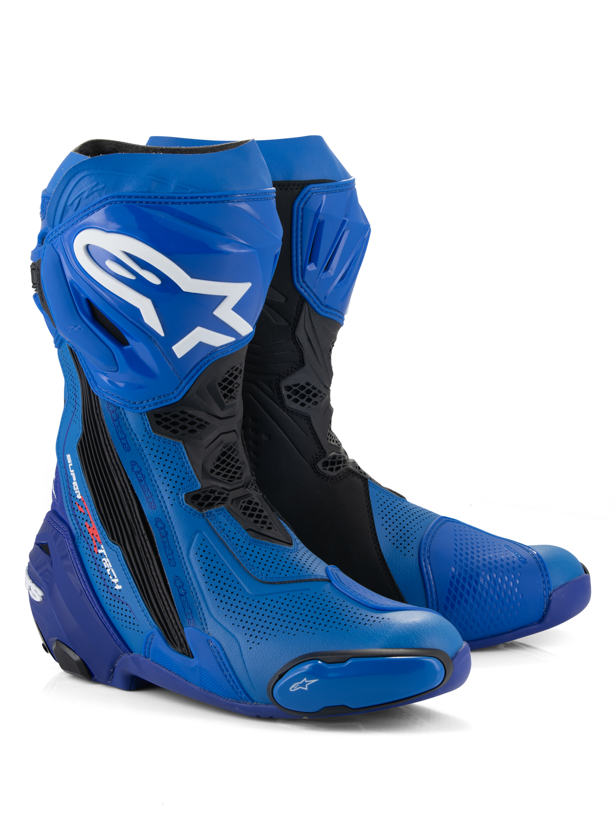Alpinestars Supertech R Vented støvler, motorcykel racerstøvler, blå og sort, med perforeret mikrofiber for luftgennemstrømning, hvidt Alpinestars logo på skinnebenet, beskyttende TPU-plader og -slidere, professionelt baneklar design