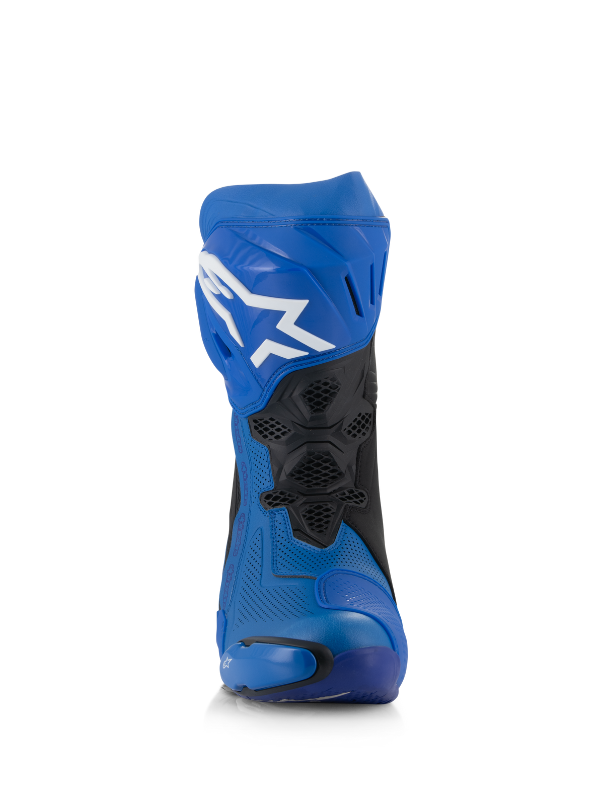 Alpinestars Supertech R Vented støvler, blå og sorte racing motorcykelstøvler, set forfra, overdel i perforeret mikrofiber, hvidt Astar-logo på skinnebenspladen, ventilerede mesh-paneler og beskyttende sliders.