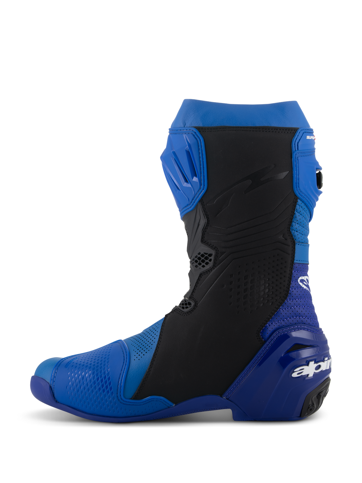 Alpinestars Supertech R Vented støvler, blå og sort, set fra siden, højtydende racing-motorcykelstøvler med perforeret mikrofiber for ventilation, TPU-skinneplade og Alpinestars-branding på hælen.