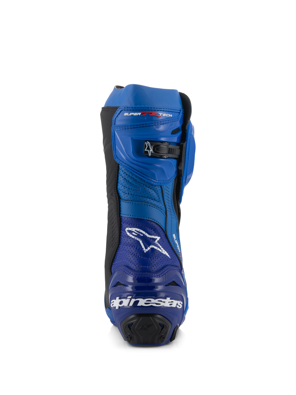 Alpinestars Supertech R Vented støvler, racing motorcykelstøvler, blå og sort, set bagfra med Alpinestars-logo og tekst på hælen, perforerede mikrofiberpaneler og en mikrojusterbar skraldelukning i toppen.