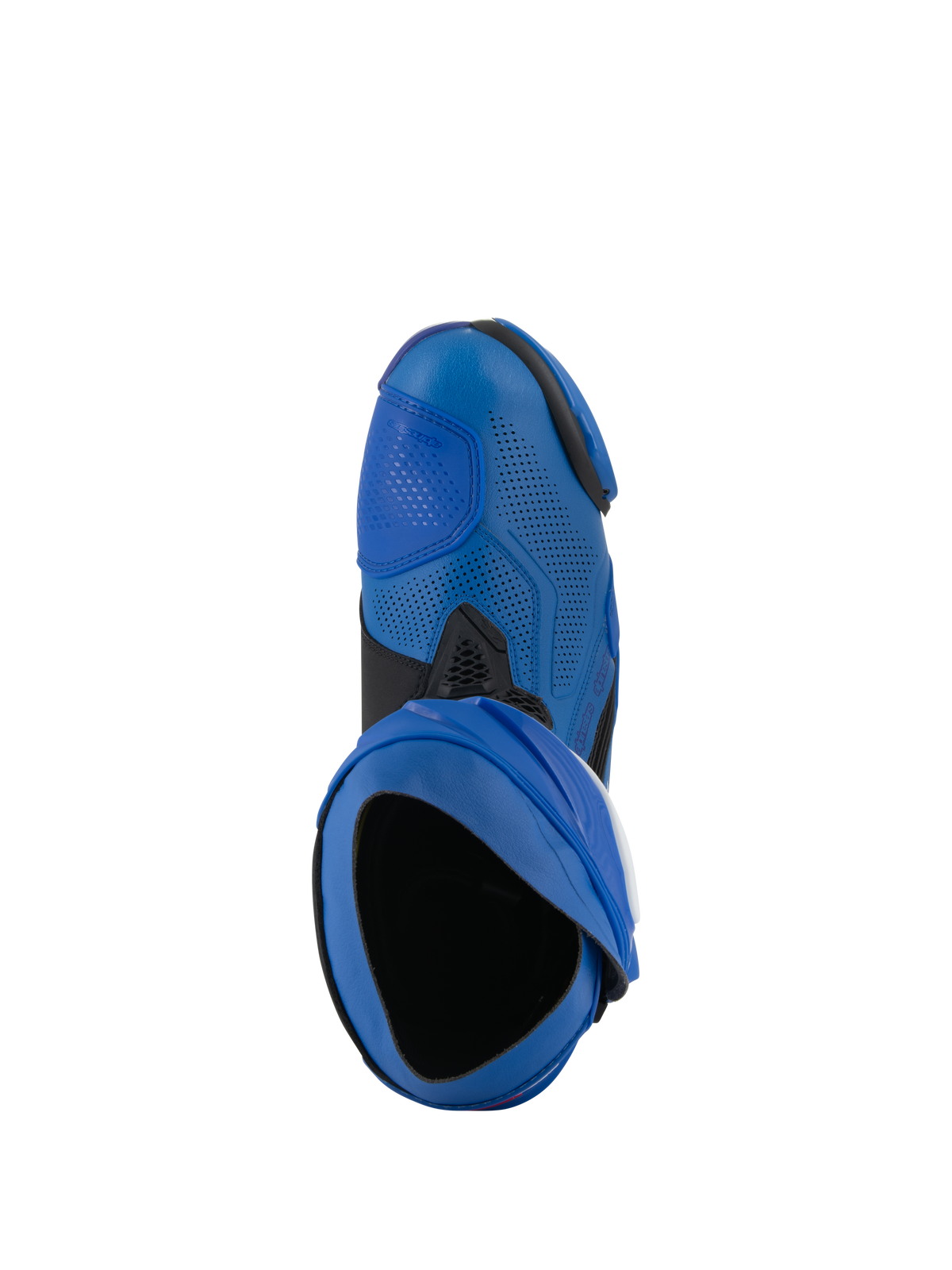 Alpinestars Supertech R Vented-støvler, racer-motorcykelstøvler, blå og sort, set oppefra, viser indgangen og den perforerede mikrofiberoverdel, højtydende motorsportfodtøj med ventileret design