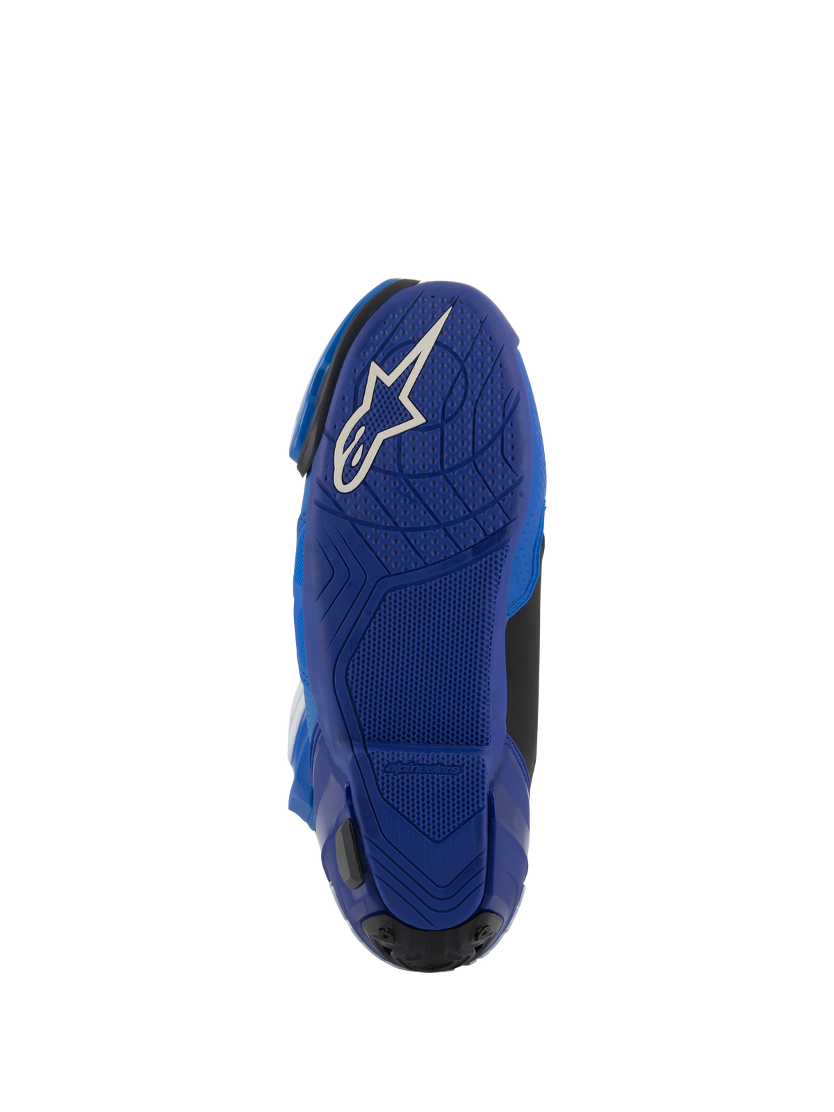 Alpinestars Supertech R ventilerede støvler, blå og sort, underside af den blå gummisål med hvidt Astars-logo, tekstureret grebsmønster for kontrol på fodstøtterne, højtydende motorcykelstøvler til racing