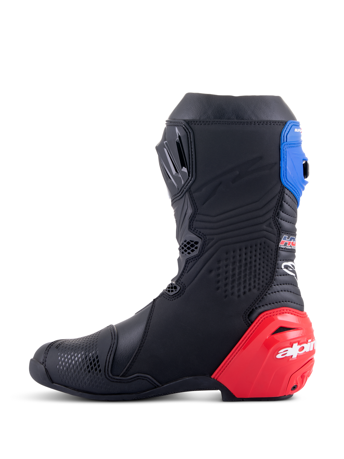 Alpinestars Honda Supertech R-støvler, motorcykelracerstøvler, sort med lys rød og blå detaljer, med en fremtrædende rød TPU-hælslider, blå topgaiter og Alpinestars-branding, teknisk design til professionel bane- og vejpræstation.