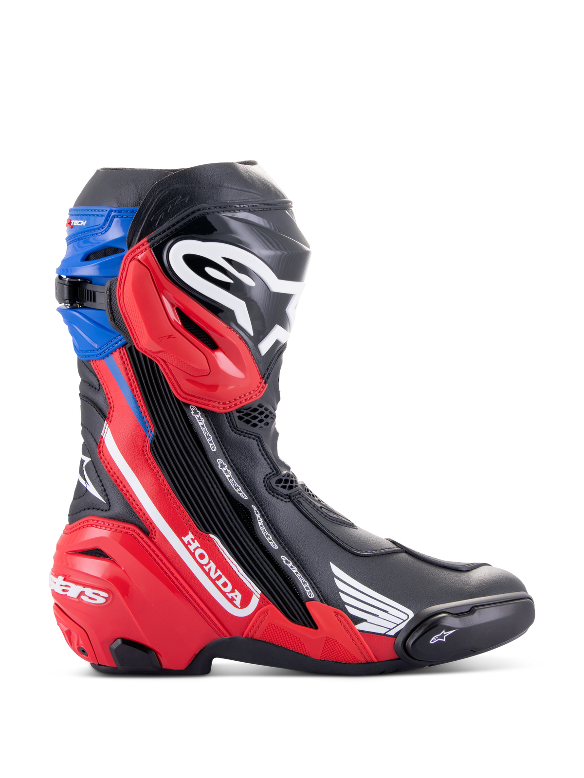 Alpinestars Honda Supertech R-støvler, racerstøvler til motorcykel, sort, lys rød og blå, har hvidt Honda-logo på det røde sidepanel, Alpinestars-logo på skinnebenet, blå topgaiter, strømlinet aerodynamisk design med avanceret TPU-beskyttelse
