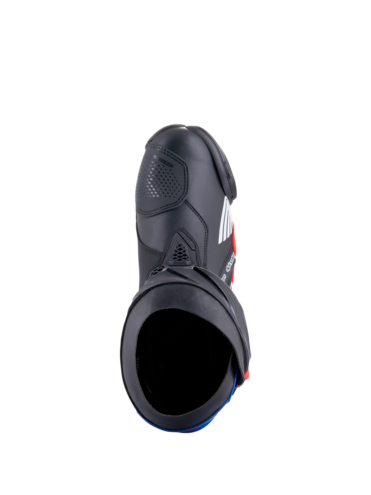 Alpinestars Honda Supertech R-støvler, motorcykelstøvler til race, sort, klar rød og blå, set oppefra, der viser støvleåbningen og mikrofiberkonstruktionen, med beskyttende TPU-plader og et strømlinet racingdesign