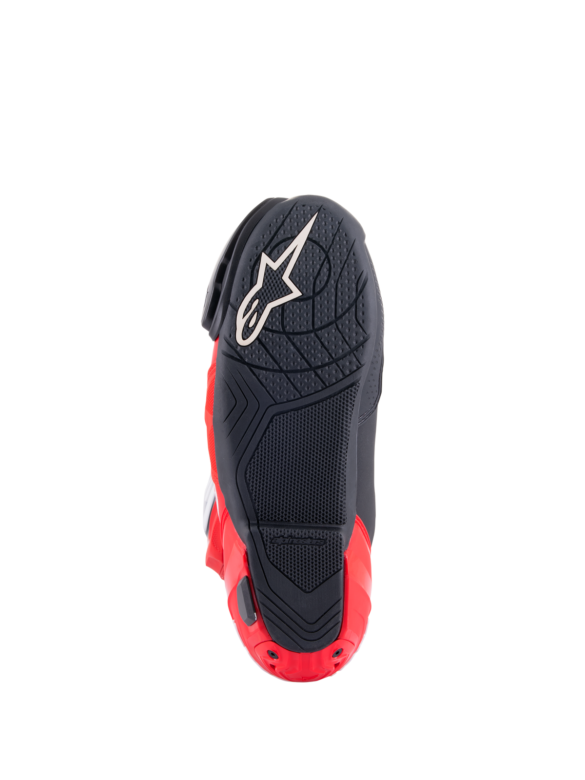 Alpinestars Honda Supertech R-støvler, set fra bunden, sort og lys rød, med tekstureret gummiblanding for greb, hvidt Astar-logo på forfoden og rød hælpladeskyder, højtydende racing-motorcykelfodtøj