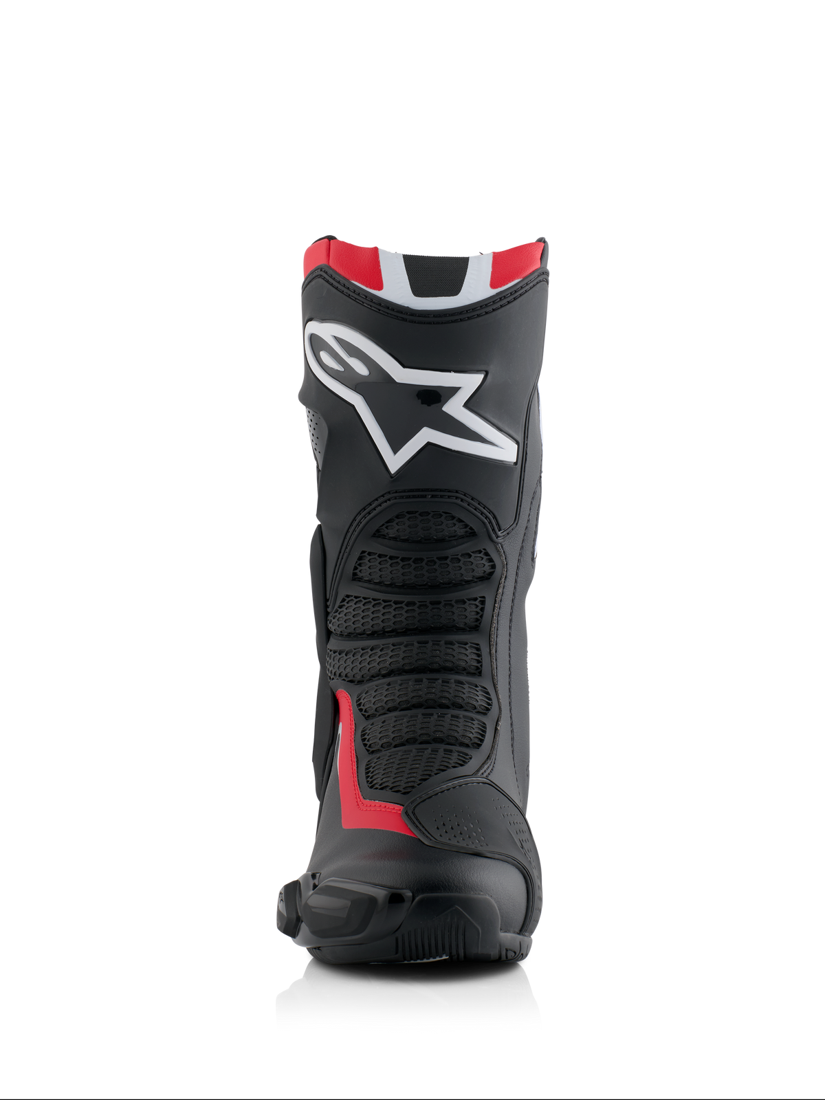 Alpinestars Honda SMX-6 V3 støvler, performance motorcykelstøvler, sort, klar rød og hvid, set forfra med et stort hvidt Alpinestars-logo på skinnebenet, teksturerede mesh-flexzoner og aerodynamisk beskyttelsesprofil