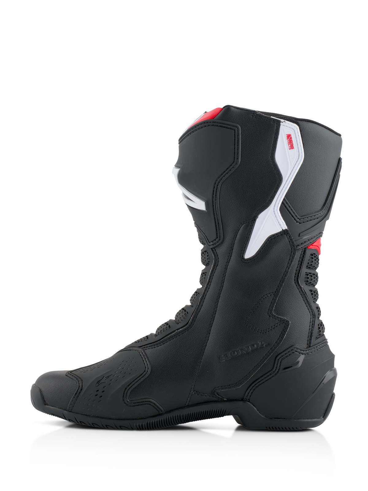 Alpinestars Honda SMX-6 V3 støvler, performance motorcykelstøvler, sort med klare røde og hvide detaljer, medial sideprofil, med holdbar mikrofiberkonstruktion, TPU-beskyttelsespaneler og præget Honda-branding.