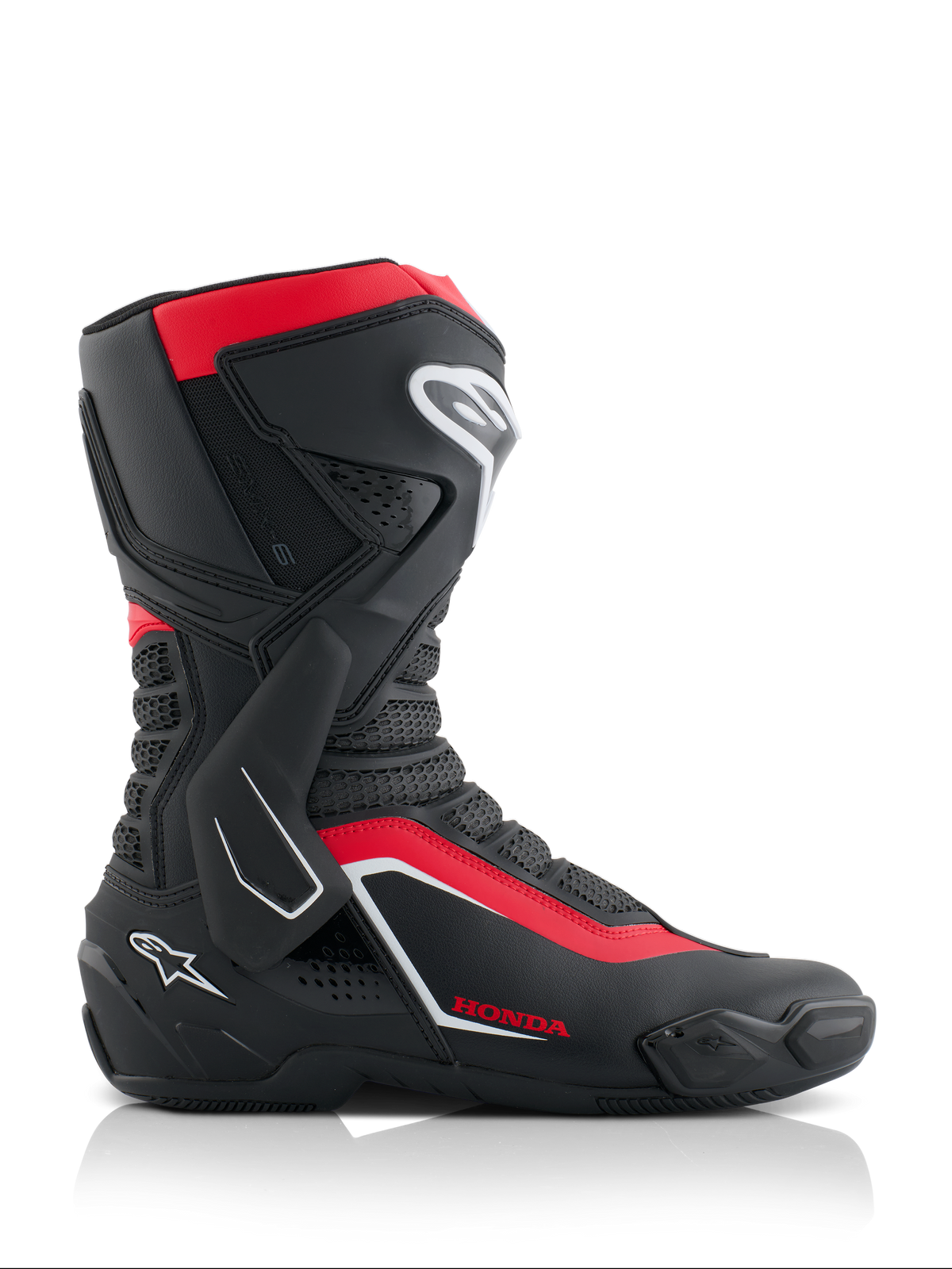 Alpinestars Honda SMX-6 V3 støvler, performance-kørestøvler, sort, klar rød og hvid, sidevisning med mikrofiberkonstruktion med TPU-beskyttelse, lateral ankelbøjle og Honda-branding, professionelt udstyr til motorcykelracing og landevej