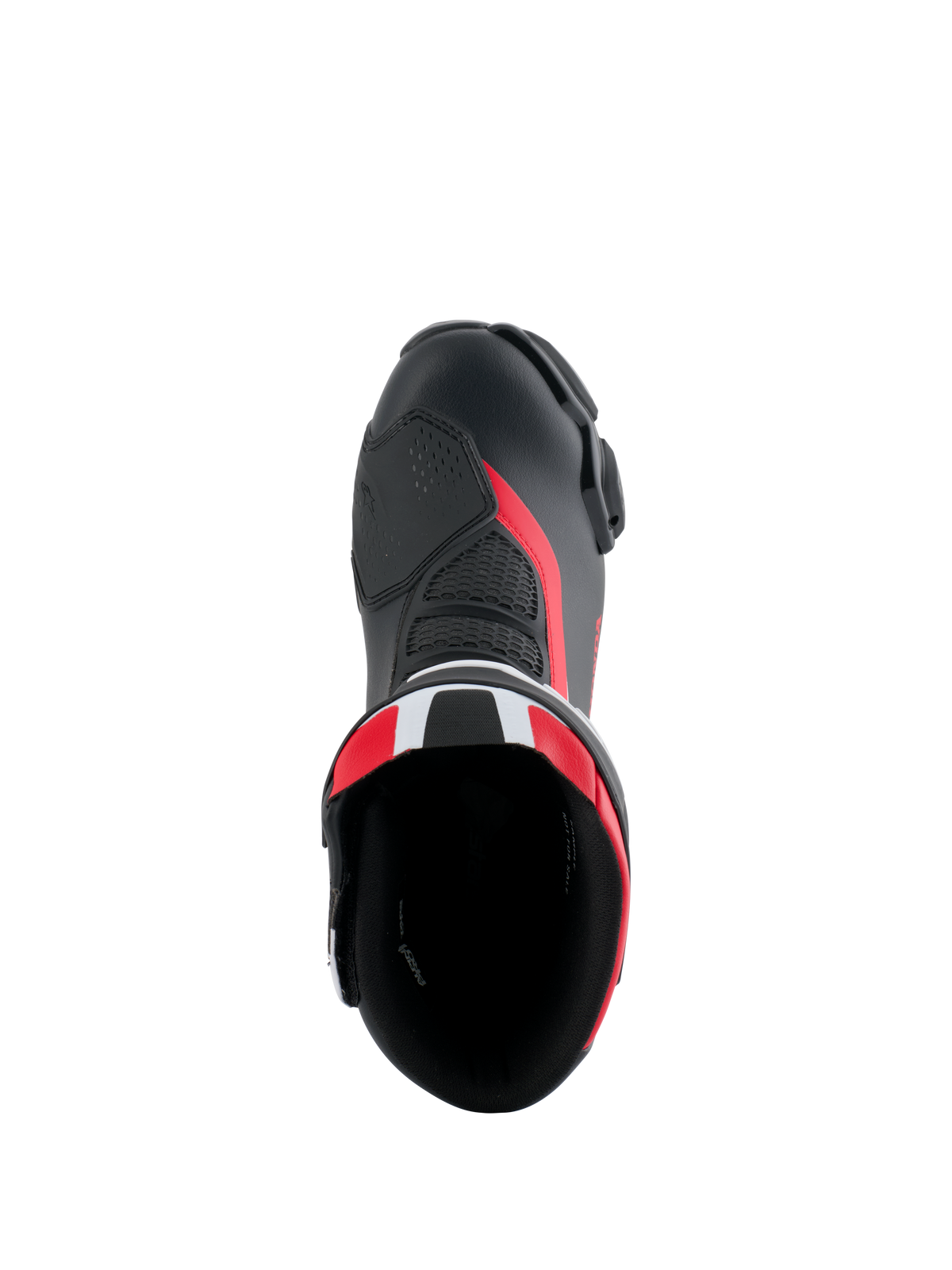Alpinestars Honda SMX-6 V3 støvler, performance-motorcykelstøvler, sort, klar rød og hvid, set oppefra kiggende ned i støvleåbningen, med overdel i mikrofiber, mesh-detaljer og røde accenter, strømlinet aerodynamisk design til bane- og gadekørsel