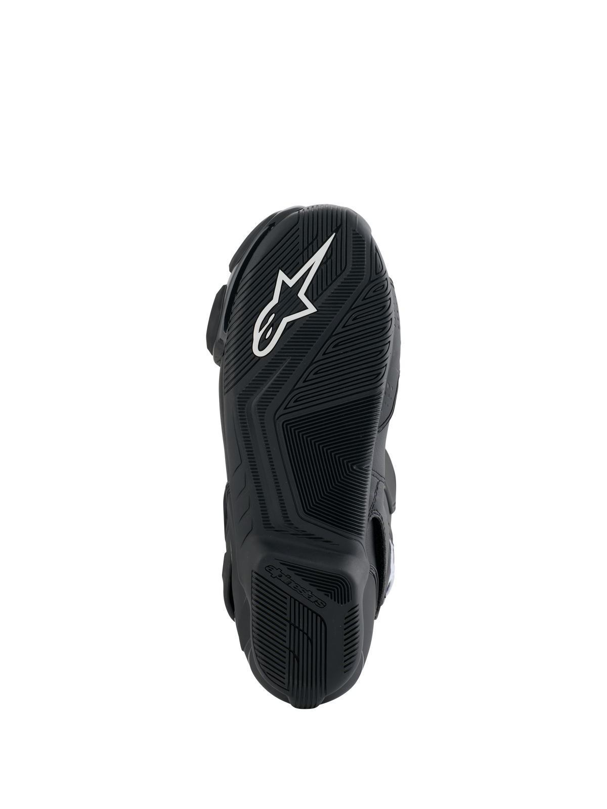 Alpinestars Honda SMX-6 V3 støvler, set fra sålen, sort gummiydersål med hvidt Alpinestars-logo, tekstureret grebsdesign for præcision på motorcyklens kontroller