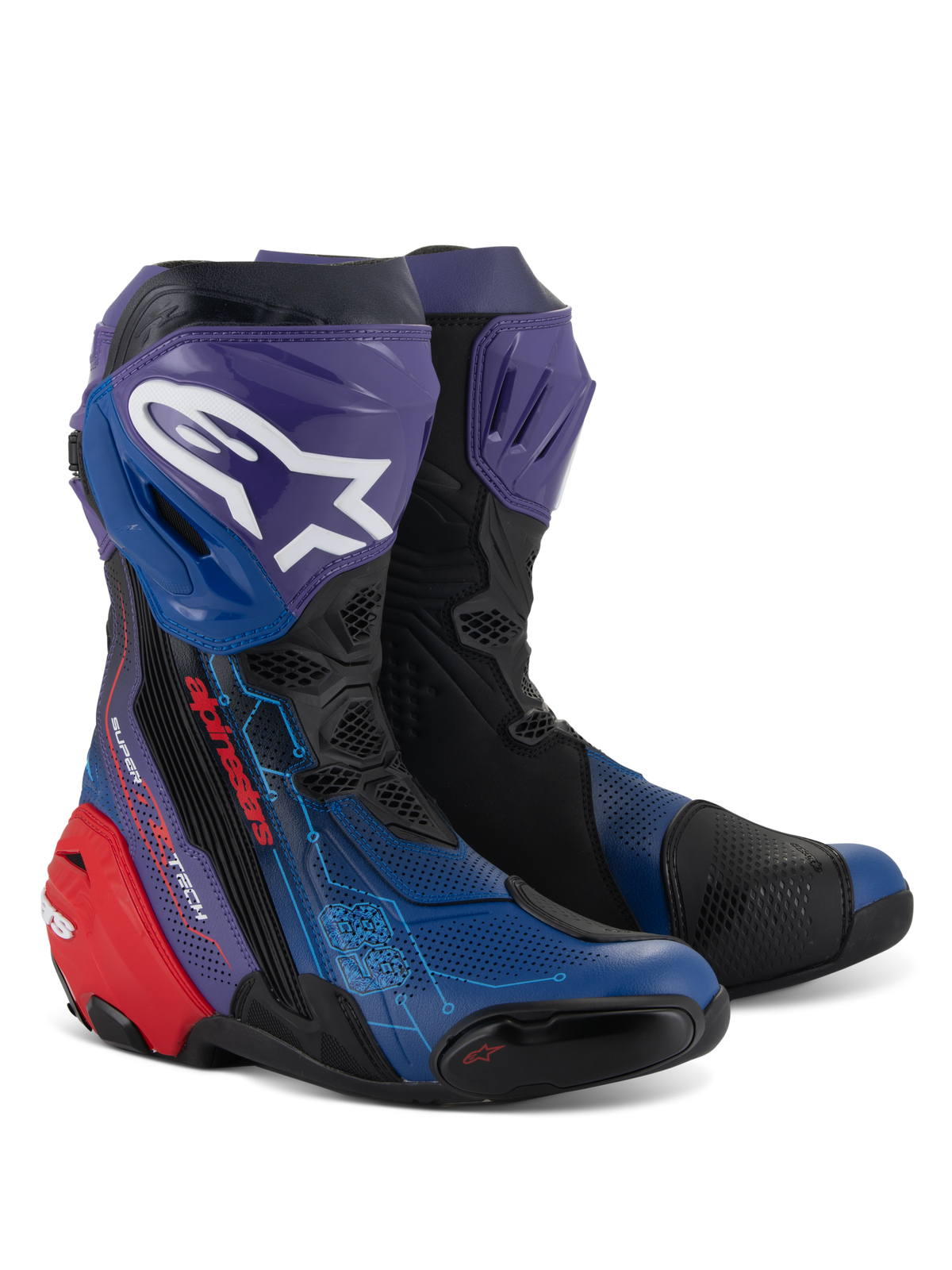 Alpinestars Supertech R LE Martinator R01 ventilerede støvler, racing-motorcykelstøvler, blå, lilla, rød og sort, med omfattende perforeringer for luftgennemstrømning, hvidt Astars-logo på en lilla skinnebensbeskytter, rød hælbeskytter og teknisk racingdesign.