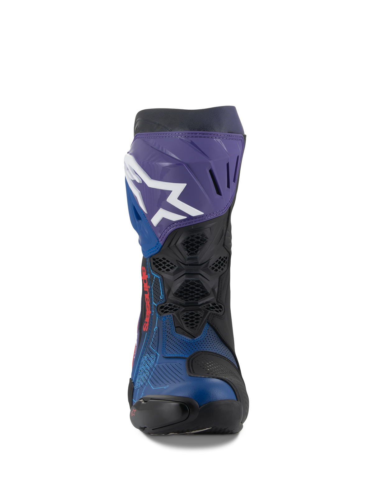 Alpinestars Supertech R LE Martinator R01 ventilerede støvler, racing motorcykelstøvler, blå, lilla, rød og sort, set forfra med et hvidt Alpinestars-logo på den lilla skinnebensplade, perforeret mikrofiberoverdel for maksimal luftstrøm, teknisk high-performance racingdesign