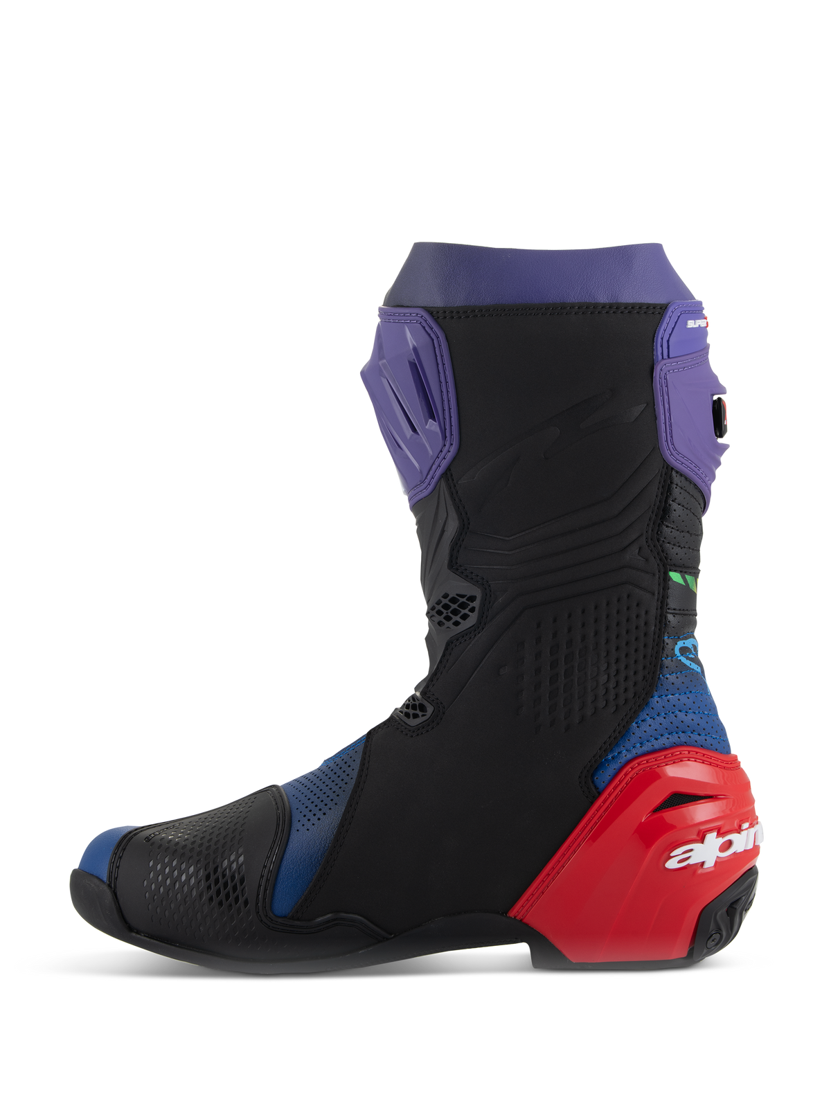 Alpinestars Supertech R LE Martinator R01 ventilerede støvler, motorcykelracerstøvler, blå, lilla, rød og sort, sideprofilvisning med perforeret mikrofiber, lilla skinneplade og rød hælbeskytter med hvidt logo