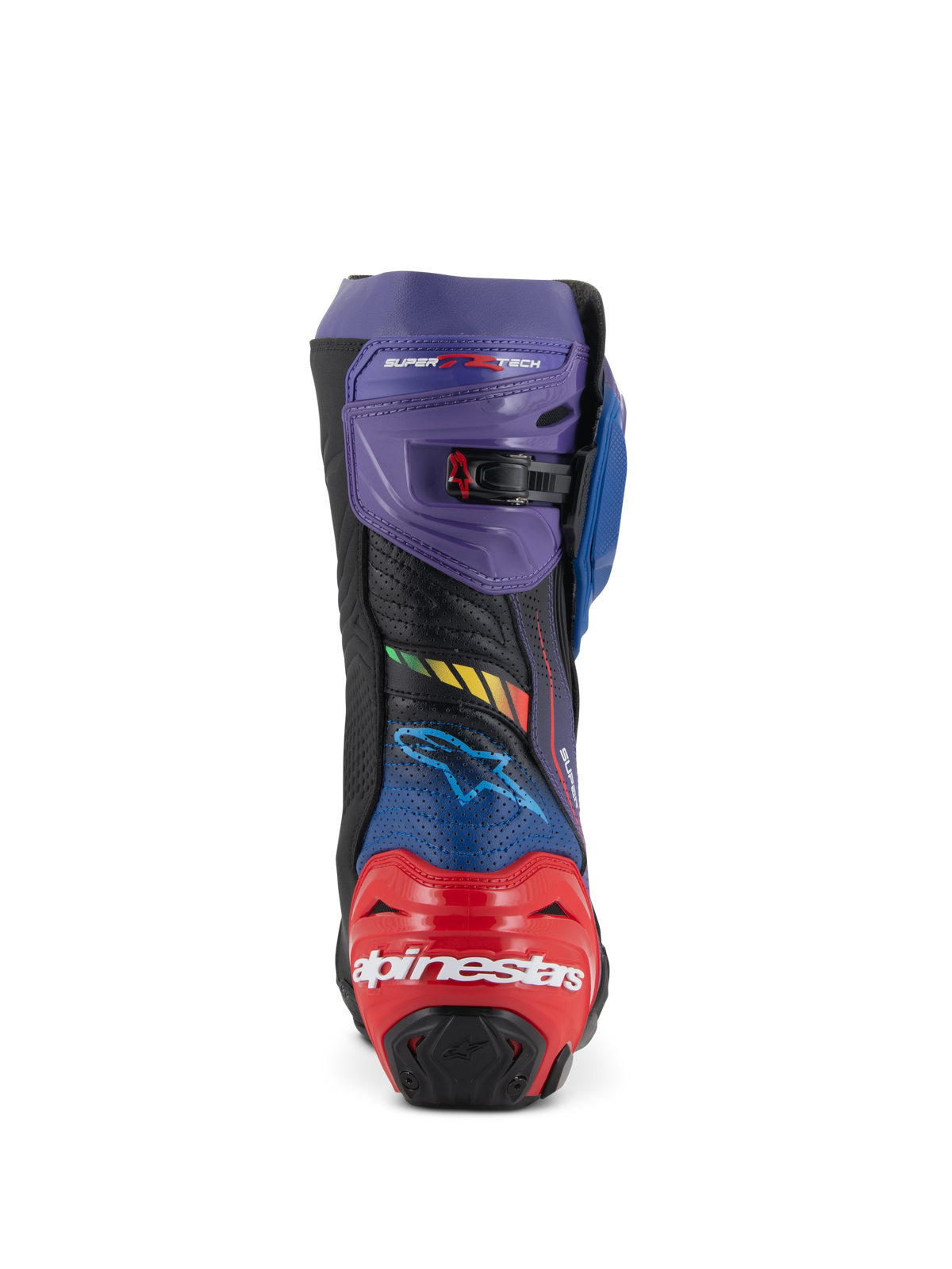 Alpinestars Supertech R LE Martinator R01 ventilerede støvler, racerstøvler til motorcykel, blå, lilla, rød og sort, set bagfra med rød hælbeskytter med hvidt Alpinestars-logo, lilla øvre manchet med justerbart spænde og perforeret mikrofiber for luftgennemstrømning.
