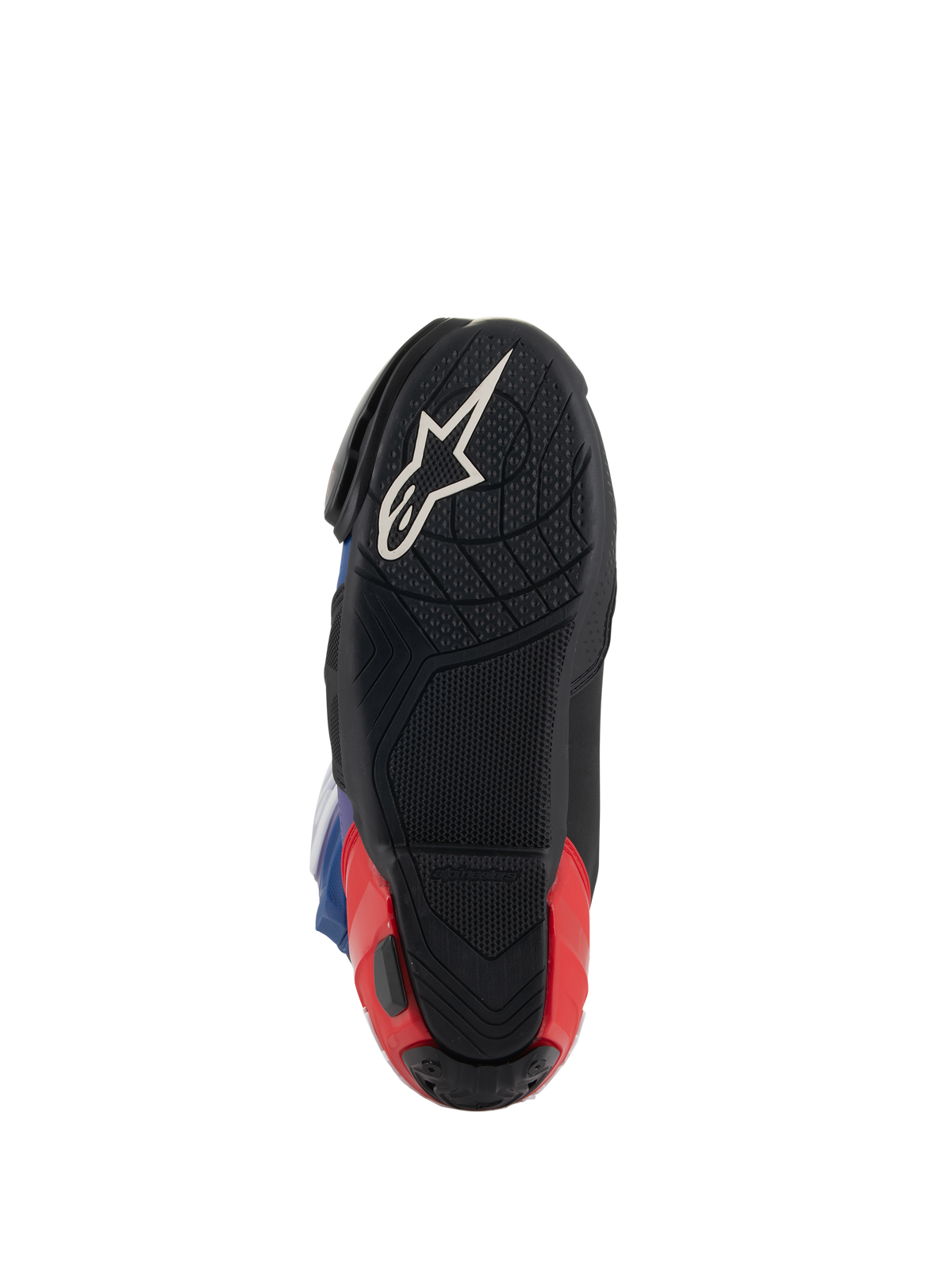 Alpinestars Supertech R LE Martinator R01 ventilerede støvler, sålvisning, sort med hvidt Astars-logo og rød hæl, tekstureret gummiblanding for greb, højtydende racing-fodtøj