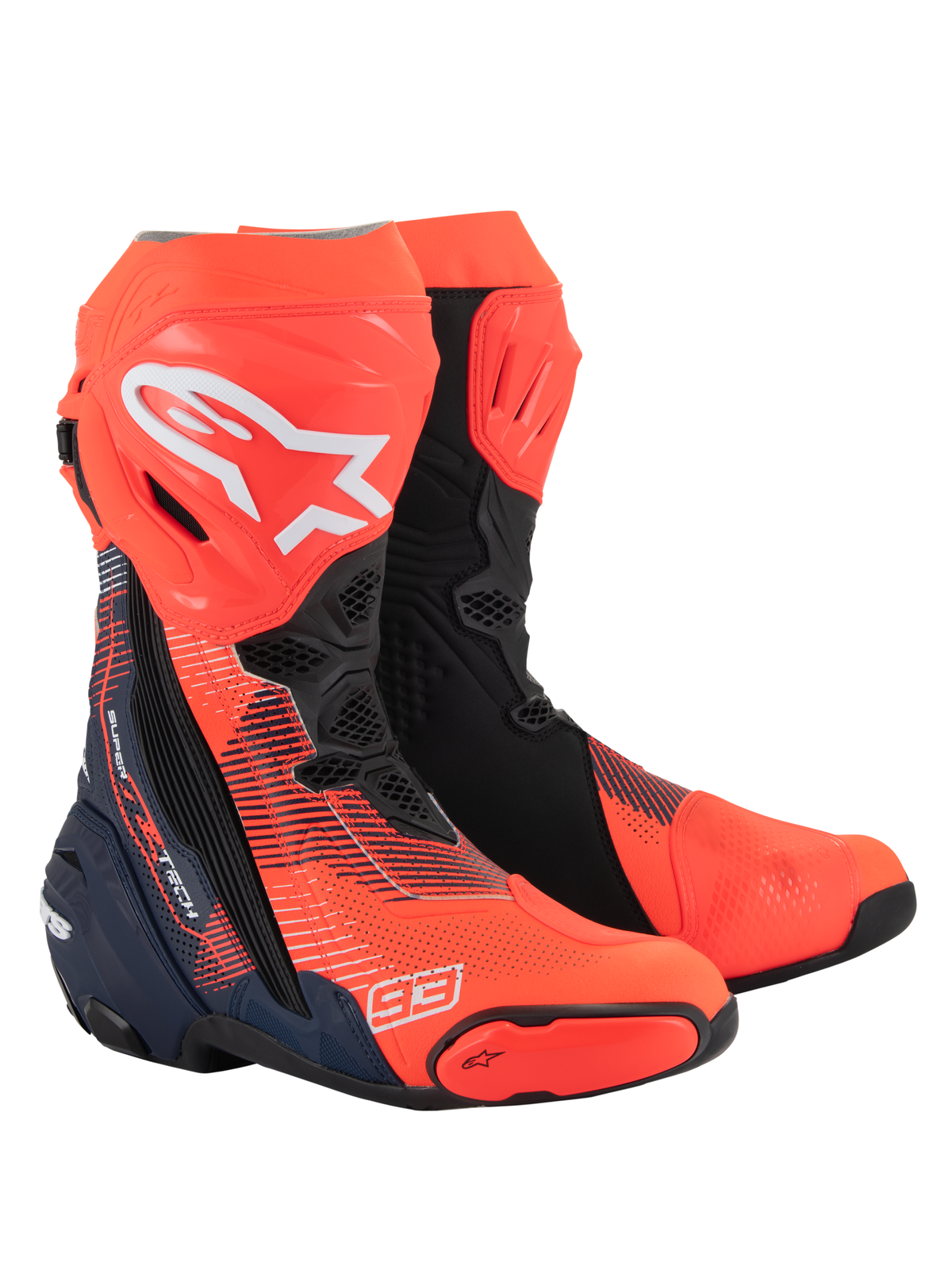 Alpinestars Supertech R Vented MM93 Replica støvler, professionelle motorcykel racerstøvler, rød fluo, mørkeblå og sort, med Marc Marquez 93-branding, perforeret mikrofiberkonstruktion for ventilation, strømlinet aerodynamisk design med avancerede beskyttende slidere