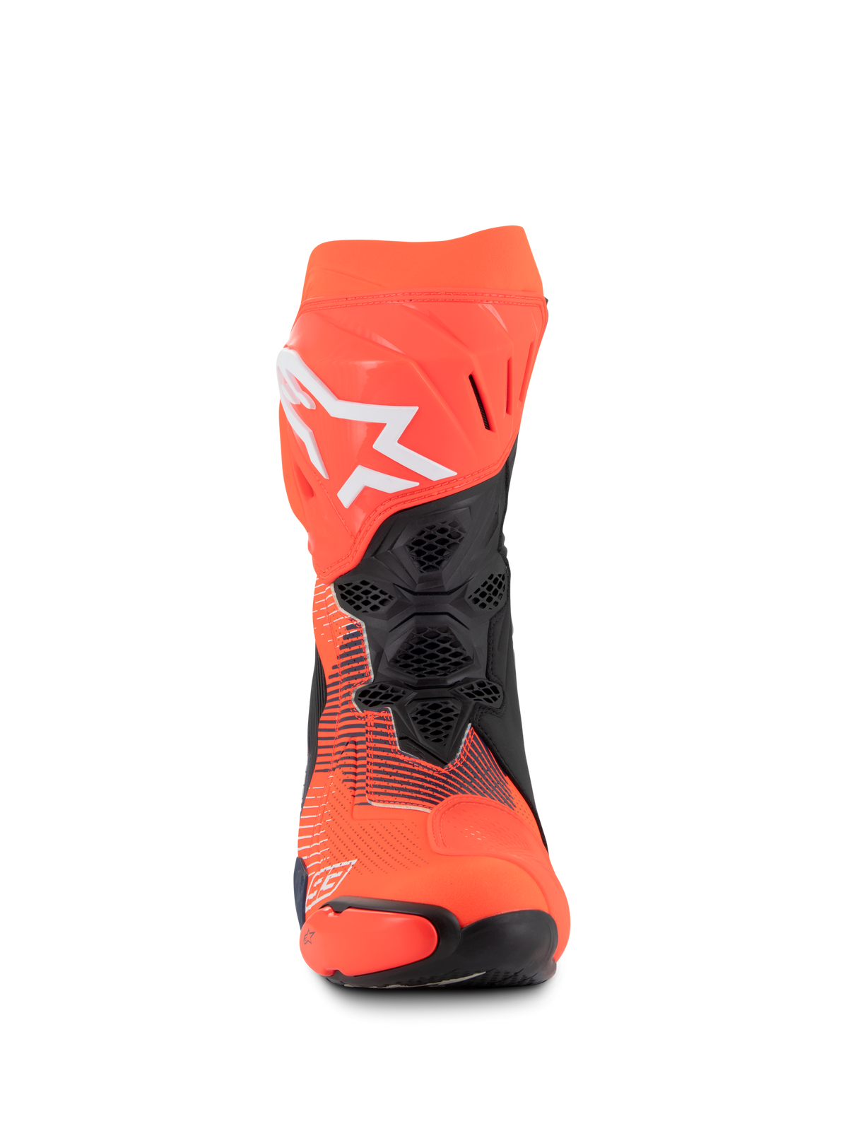 Alpinestars Supertech R Vented MM93 Replica støvler, racermotorcykelstøvler, rød fluo, mørkeblå og sort, set forfra med mesh-ventilation, hvidt Alpinestars-logo, slidstærk mikrofiberkonstruktion