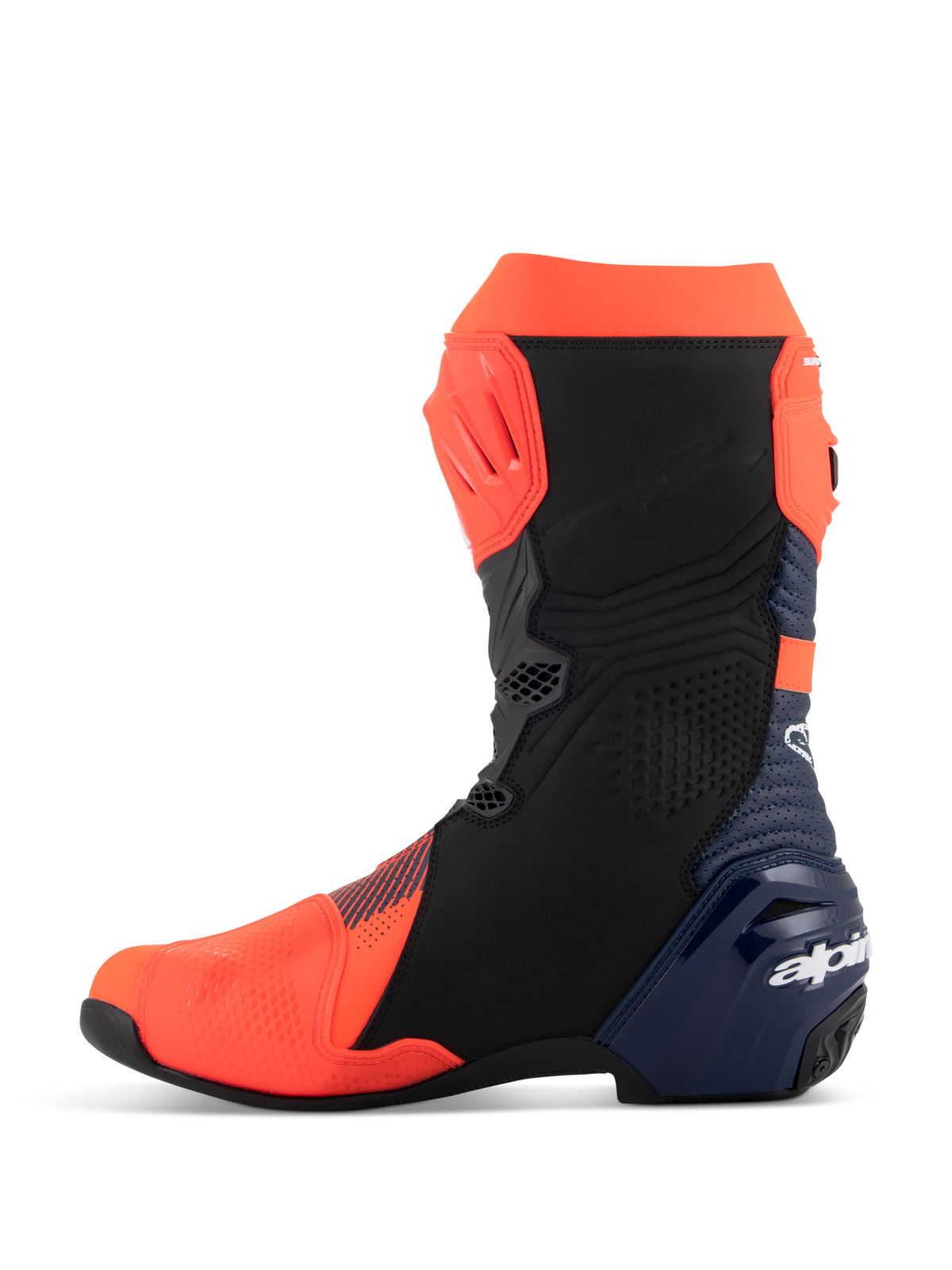 Alpinestars Supertech R Vented MM93 Replica støvler, motorcykel racingstøvler, rød fluo, mørkeblå og sort, medial sideprofil, med perforeret mikrofiber-overdel, TPU-beskyttelsesplader og strømlinet performance-design.