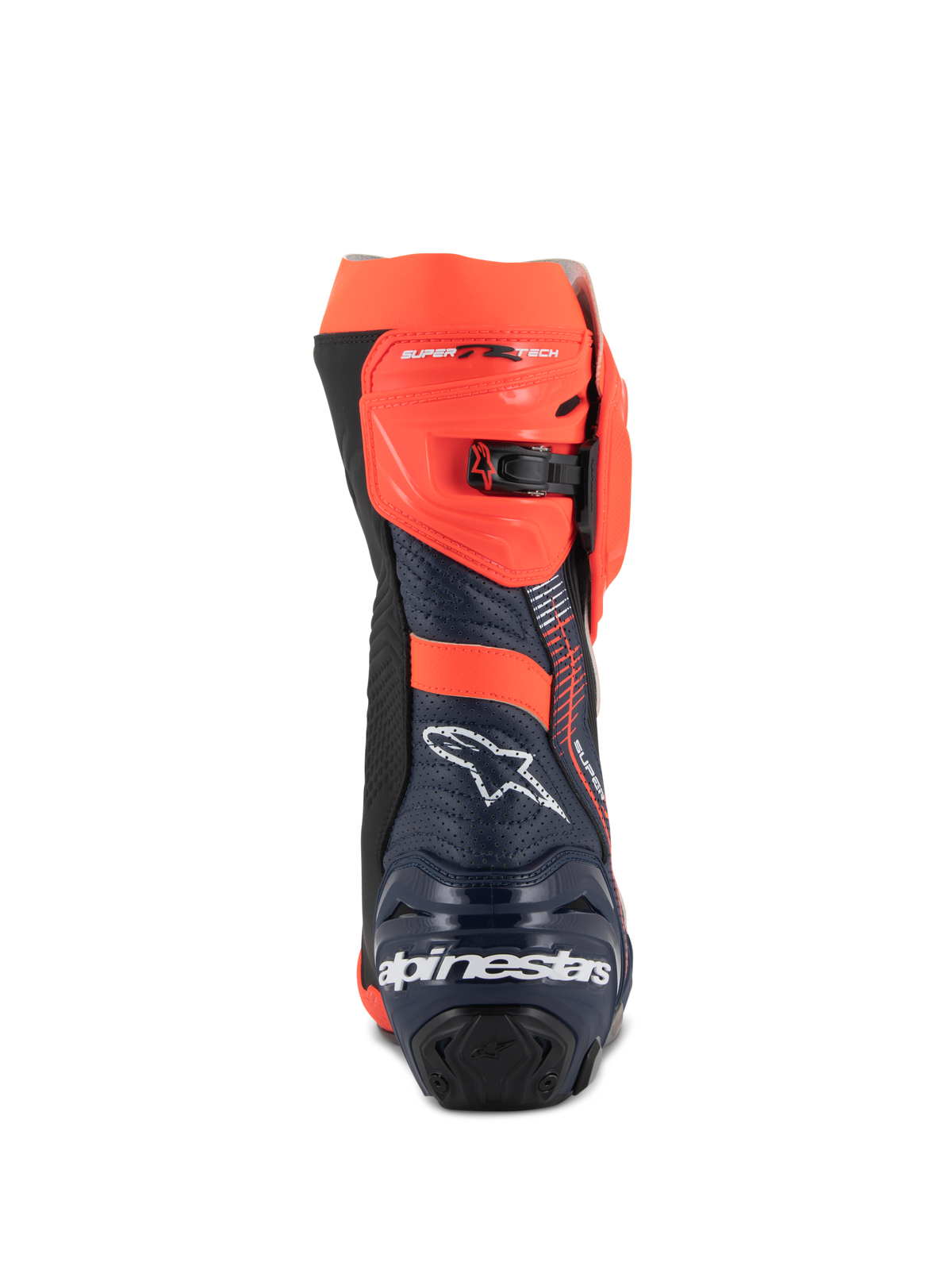 Alpinestars Supertech R Vented MM93 Replica-støvler, motorcykel-racerstøvler, rød fluo, mørkeblå og sort, set bagfra med det hvide Alpinestars-logo på hælen og rød fluo justerbar skraldelukning, perforeret mikrofiberdesign for høj luftgennemstrømning