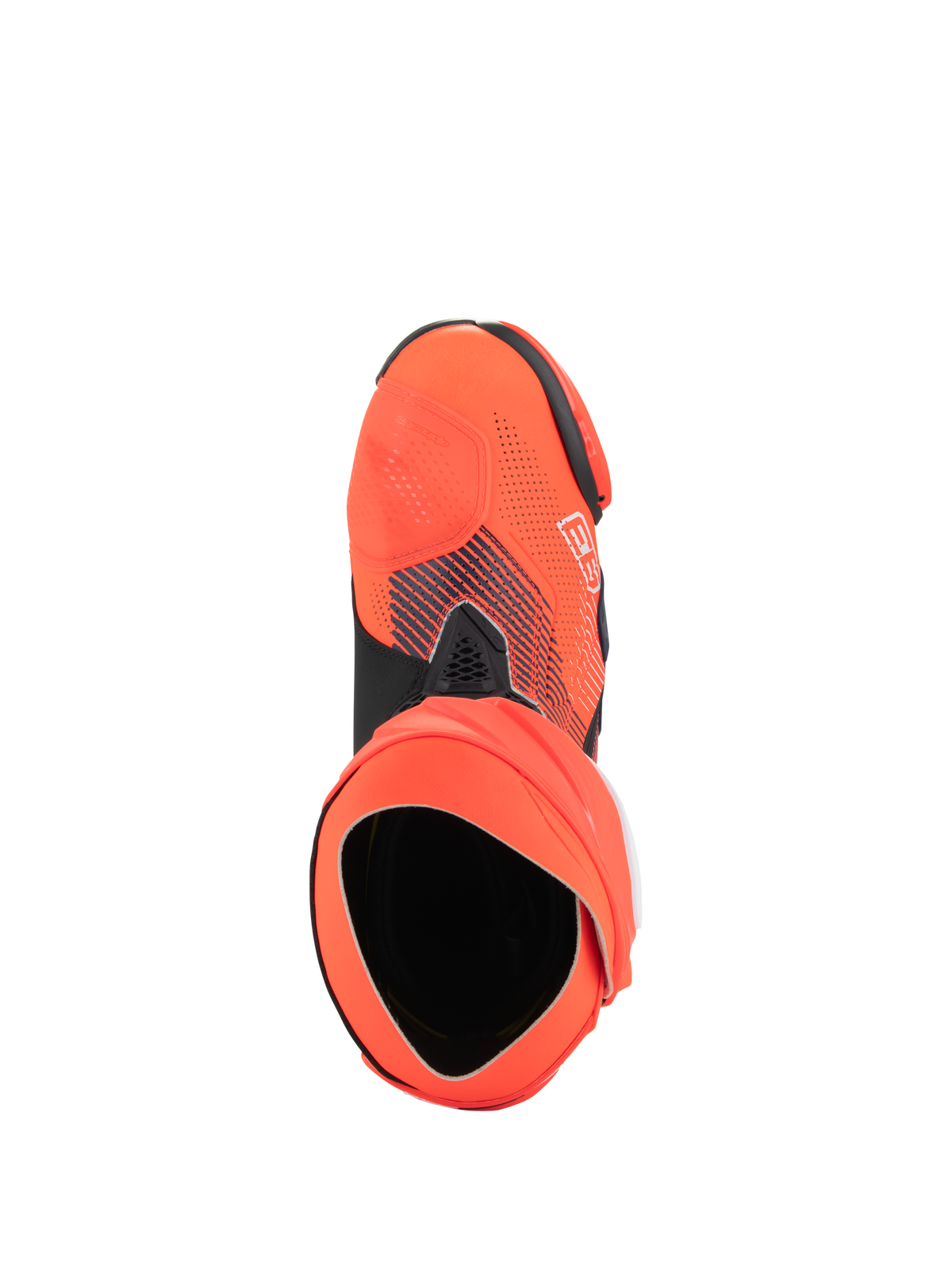 Alpinestars Supertech R Vented MM93 Replica-støvler, højtydende motorcykelracerstøvler, Red Fluo og mørkeblå, set oppefra, der viser åbningen og den indvendige støvlestruktur, perforeret mikrofiber-overdel med Marc Márquez-signaturgrafik
