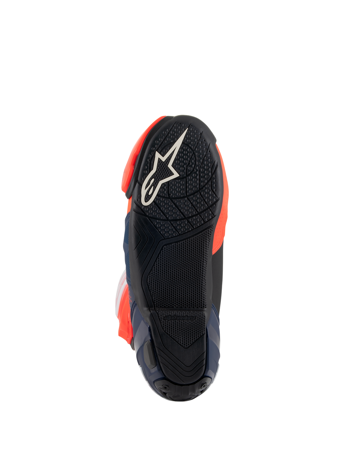 Alpinestars Supertech R Vented MM93 Replica-støvler, sålvisning der viser sort gummiydersål med hvidt stjernelogo, tekstureret grebsmønster til fodhvilere, og neonrøde og mørkeblå detaljer, racer-performance fodtøjsdesign