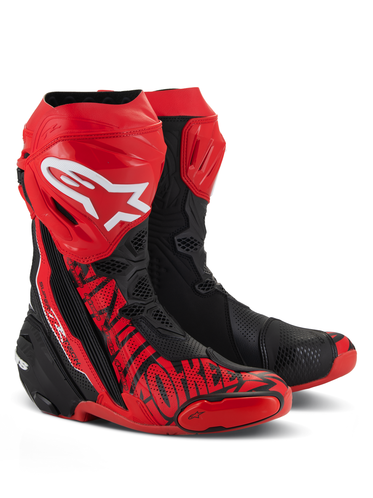 Alpinestars Supertech R LE Pecco Bagnaia Vented Boots, Racing Motorcycle Boots, Red and Black, featuring a large white Alpinestars logo on the shin, extensive perforations for airflow, and specialized red graphics on the toe and side.