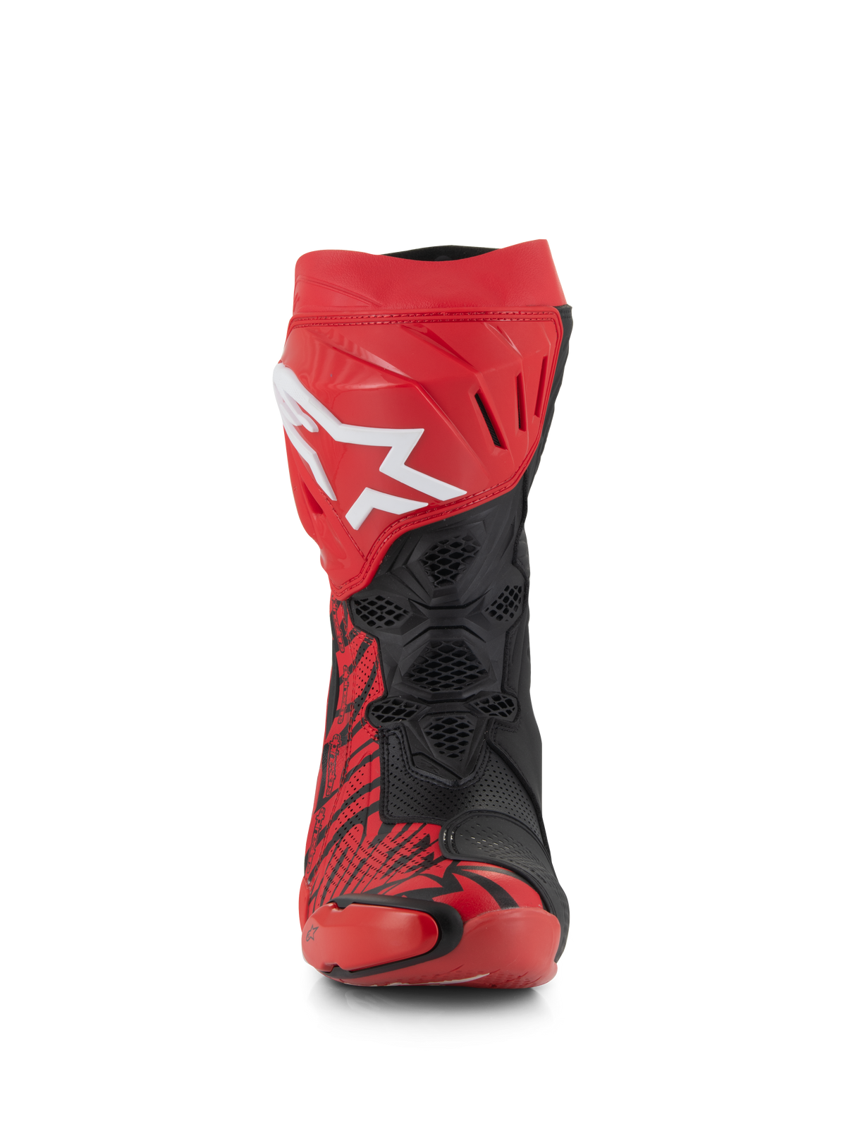 Alpinestars Supertech R LE Pecco Bagnaia Vented Boots, Red and Black racing boots, front view, featuring a large white Alpinestars logo on the red shin plate, black perforated mesh zones for maximum airflow, and bold red and black graphic patterns.