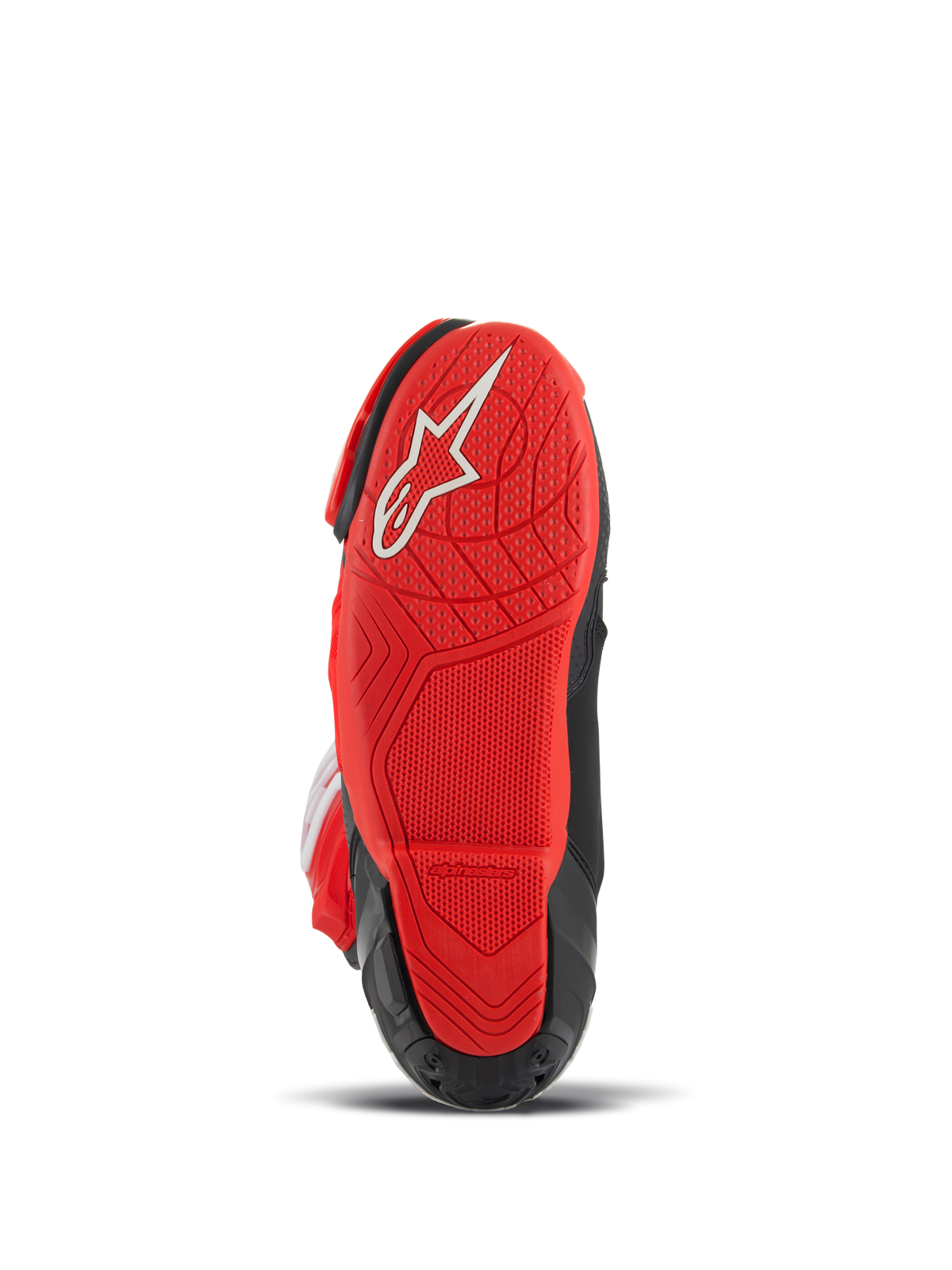 Alpinestars Supertech R LE Pecco Bagnaia Vented Boots, Motorcycle Racing Boots, Red and Black, bottom view featuring red rubber sole with white logo and textured tread for grip