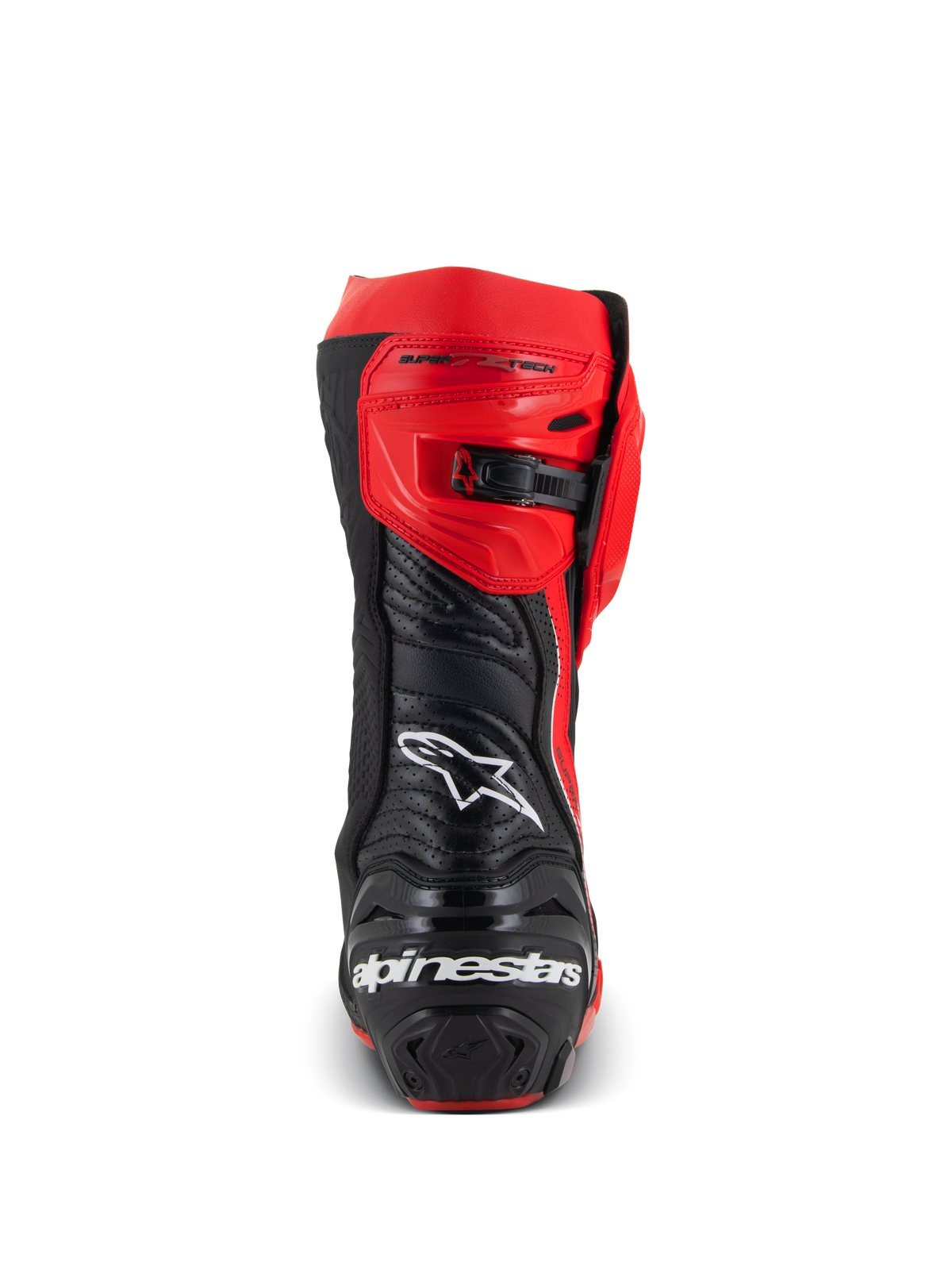 Alpinestars Supertech R LE Pecco Bagnaia Vented Boots, Rear view of a red and black motorcycle racing boot, perforated leather design, white Alpinestars logo on the back, adjustable ratchet closure, professional track gear