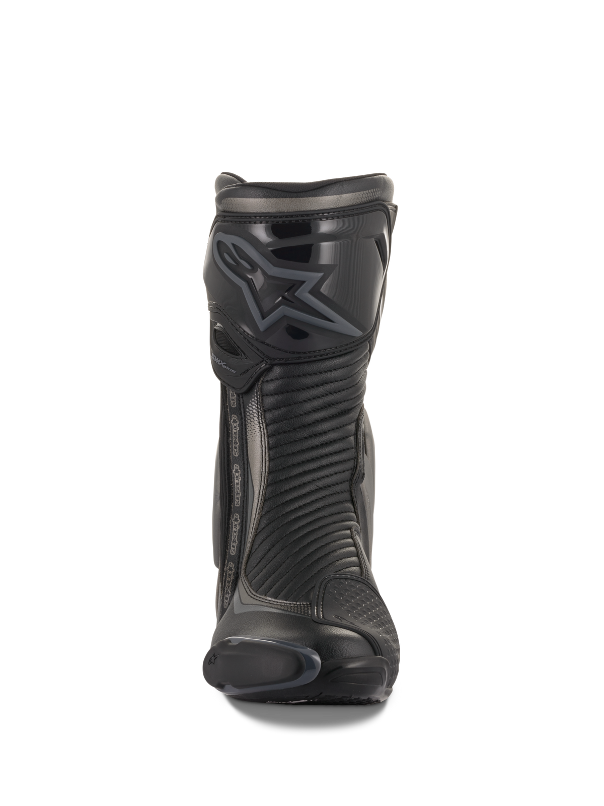 Alpinestars SMX Plus V2 Boots, Racing and Sport Motorcycle Boots, Black and Dark Gray, front view featuring a contoured TPU shin protector with Alpinestars logo, accordion flex panels for movement, and a sleek aerodynamic profile for performance riding.