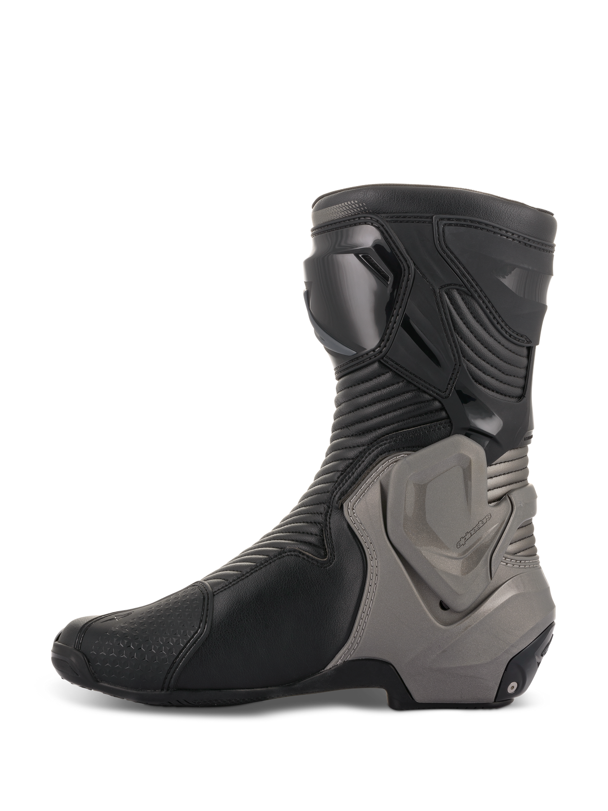 Alpinestars SMX Plus V2 Boots, Motorcycle Racing Boots, Black and Dark Gray, side profile showing microfiber upper with accordion flex panels and gray Multi-Link Control ankle protection system
