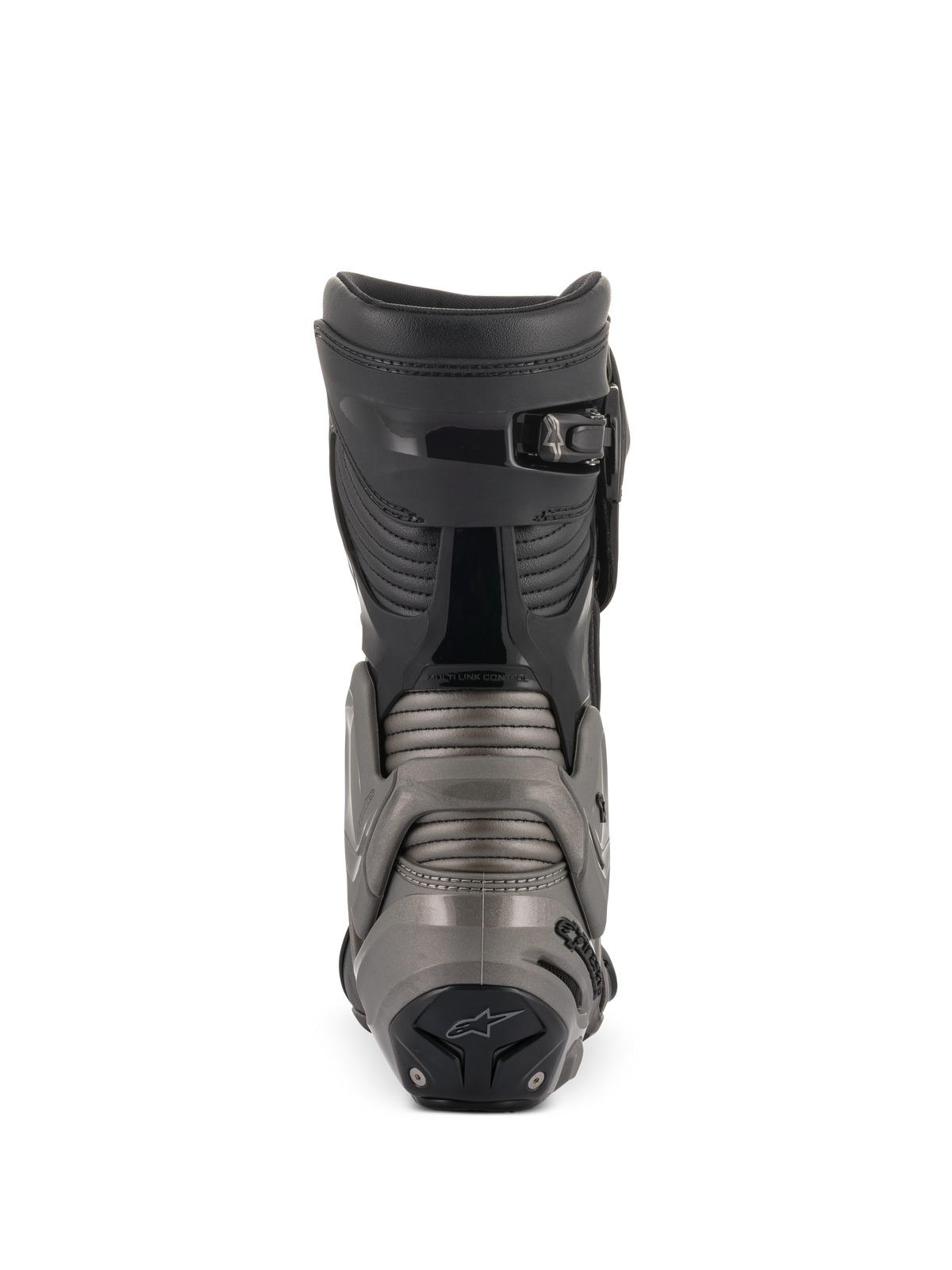 Alpinestars SMX Plus V2 Boots, Black and Dark Gray, rear view showcasing the Multi-Link Control system, Achilles accordion panels, and micro-adjustable ratchet top closure for advanced motorcycle protection.