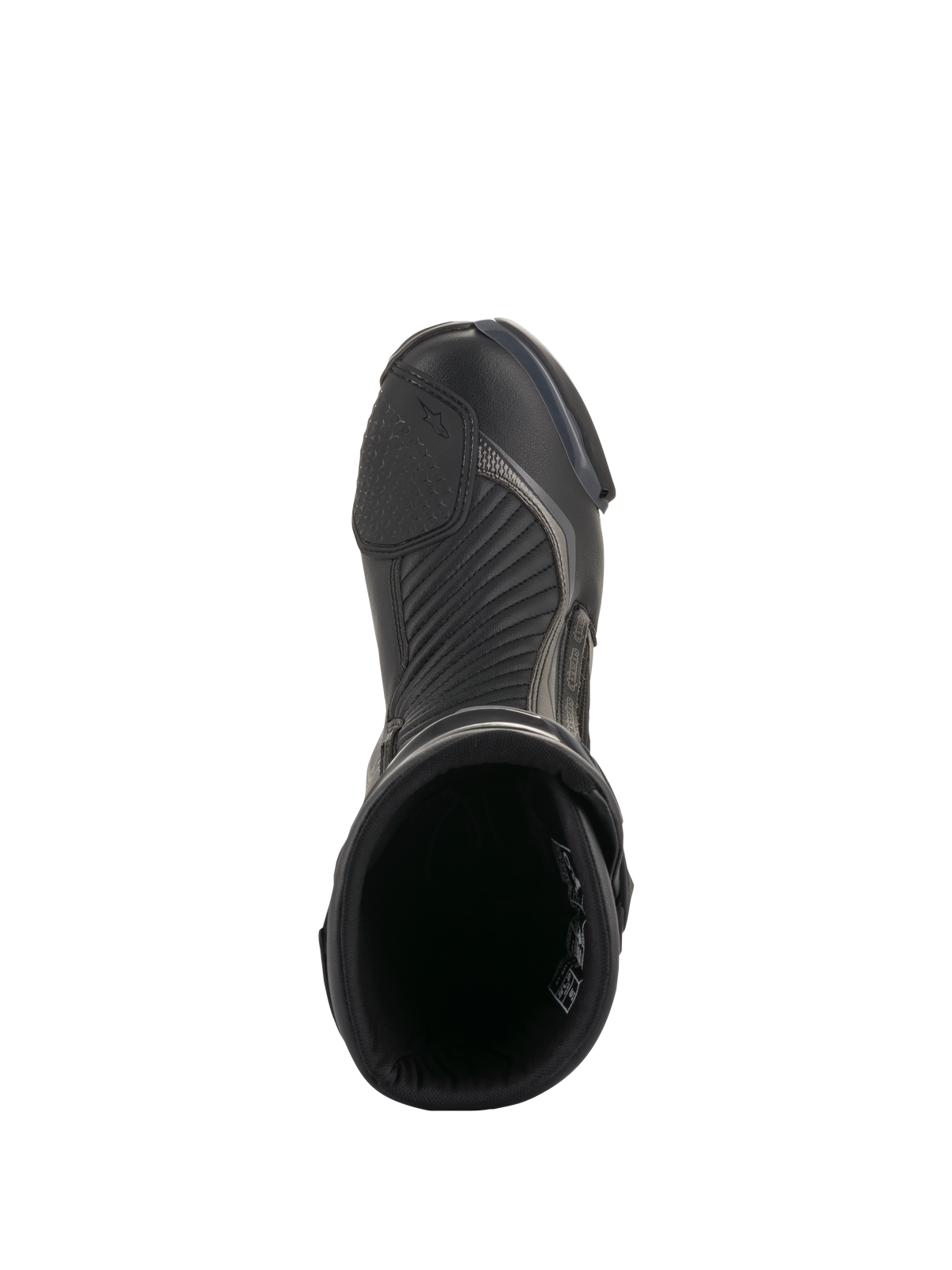 Alpinestars SMX Plus V2 Boots, Black and Dark Gray, top-down view of a single motorcycle racing boot, featuring textured shifter pad, accordion flex zones, and open top design, sleek performance footwear for road riding