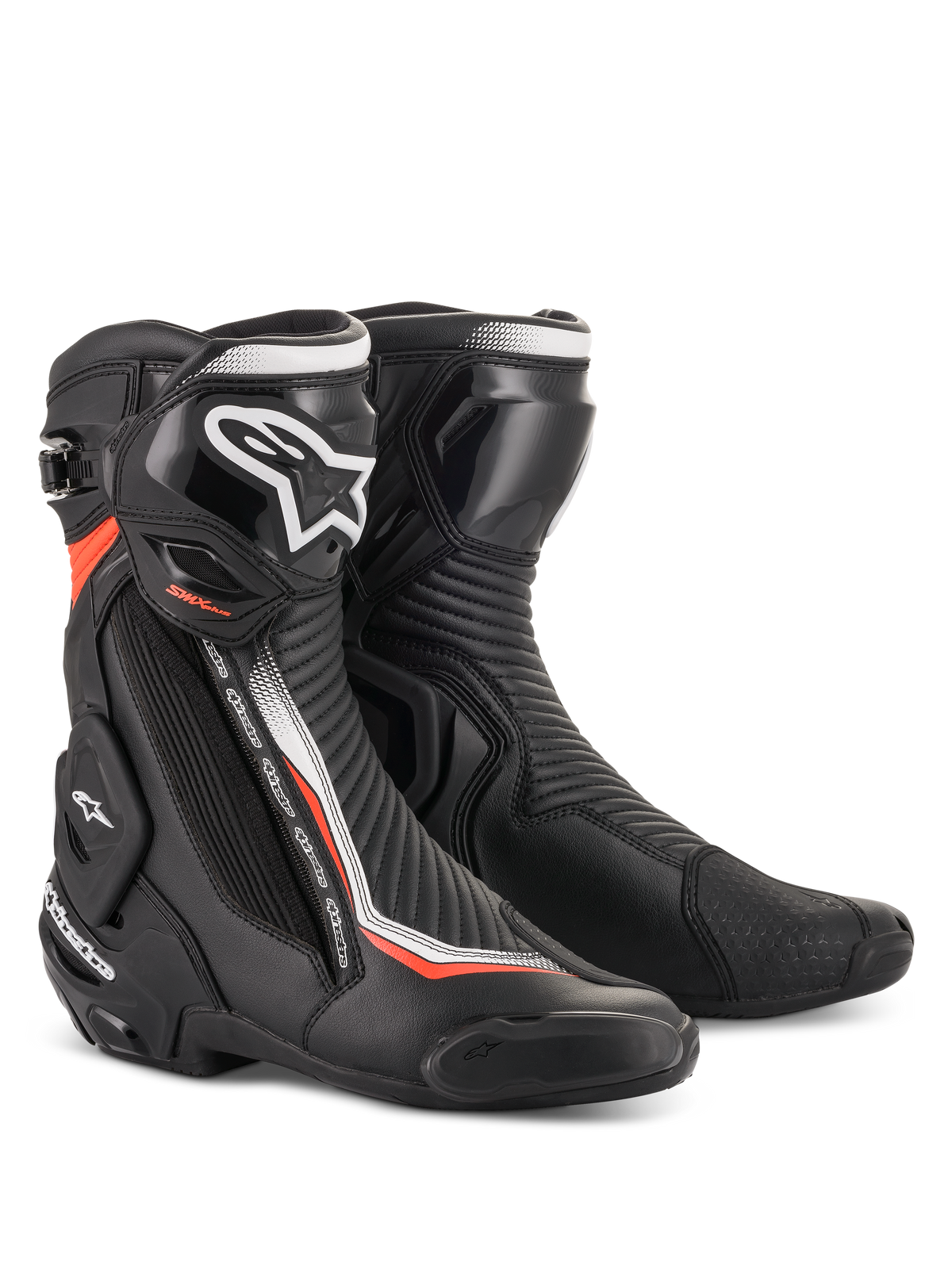 Alpinestars SMX Plus V2 motorcykelracingstøvler i sort og fluorescerende rød med avanceret TPU-beskyttelse.