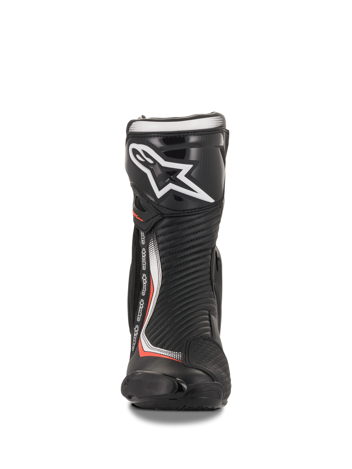 Alpinestars SMX Plus V2 støvler, motorcykelracingstøvler, sort og rød fluo, mikrofiber med TPU-skinnebensplade, set forfra