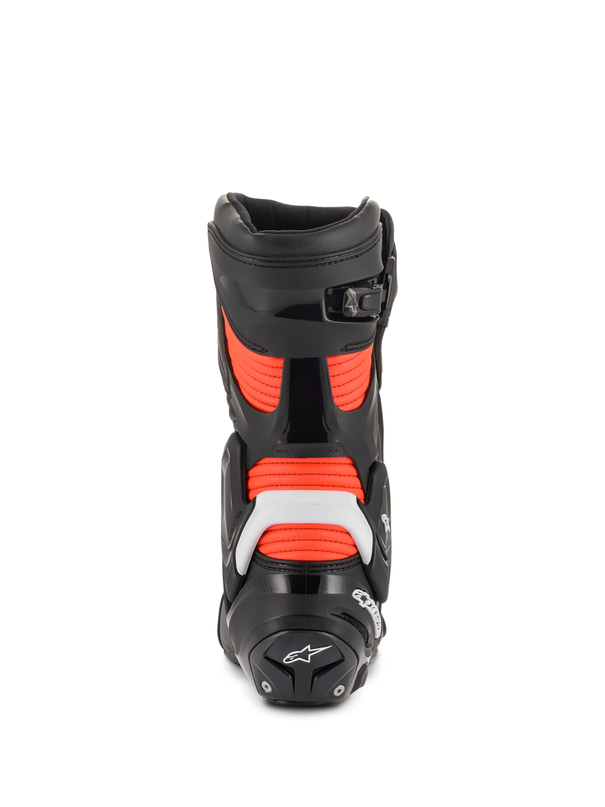 Alpinestars SMX Plus V2 herre-racingstøvler i sort og rød fluo, hvid TPU-beskyttelse og harmonika-flekszoner, set bagfra.