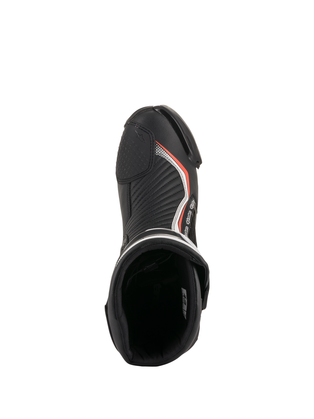 Alpinestars SMX Plus V2 støvler, motorcykelracingstøvler i sort og rød fluo, set oppefra med polstret indre og tåområde.